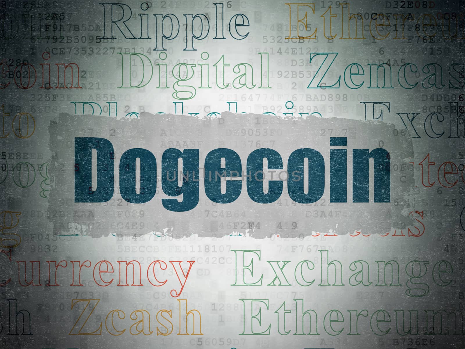 Blockchain concept: Painted blue text Dogecoin on Digital Data Paper background with   Tag Cloud