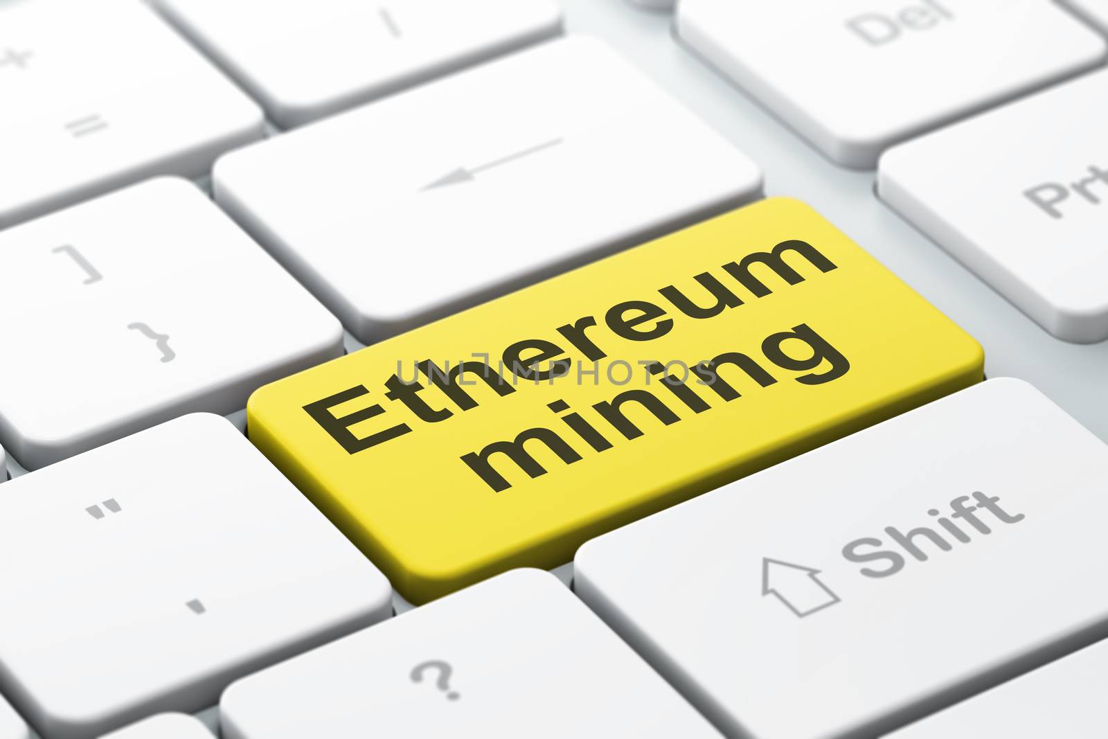 Cryptocurrency concept: computer keyboard with word Ethereum Mining, selected focus on enter button background, 3D rendering