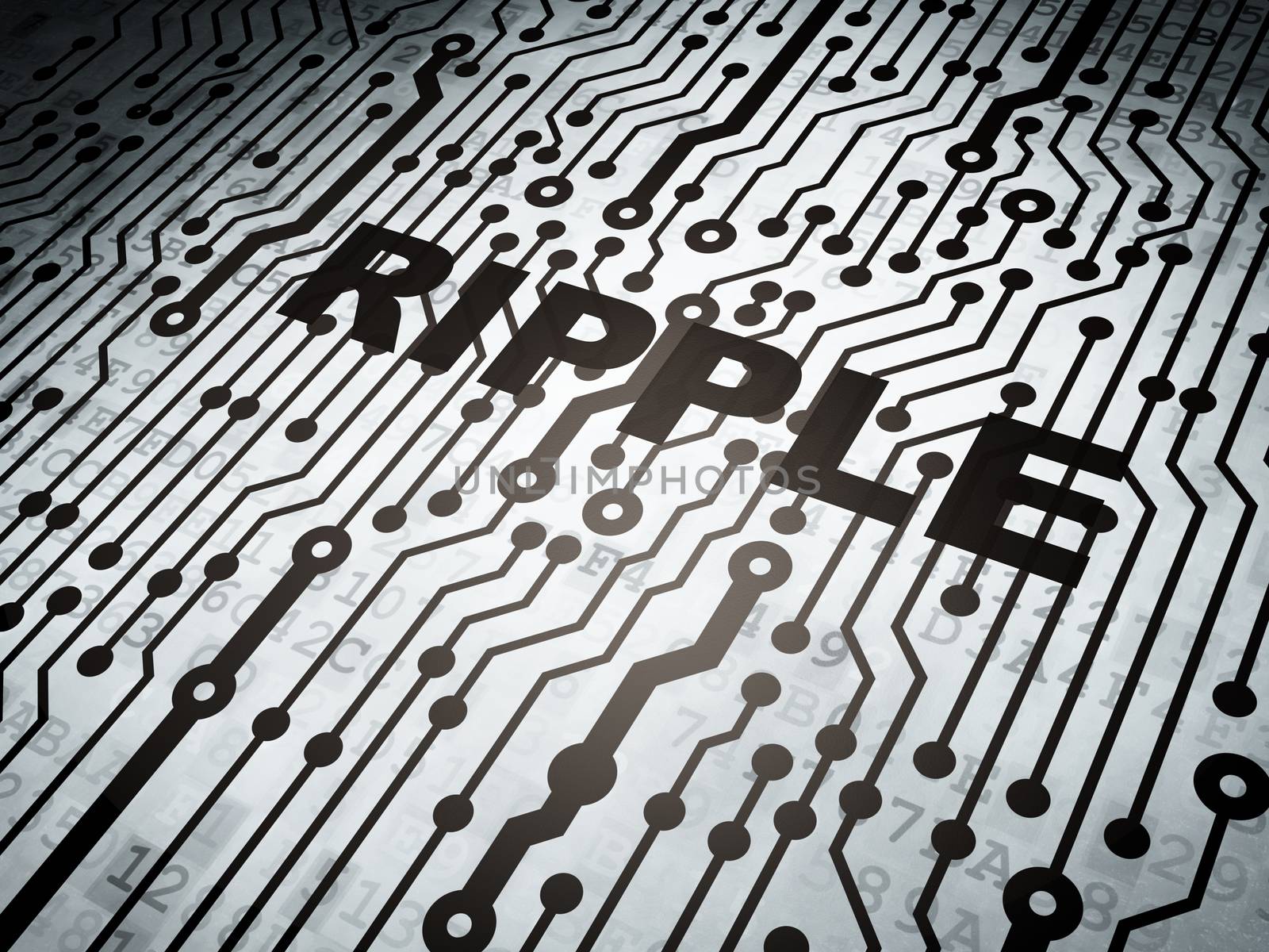 Blockchain concept: circuit board with  word Ripple, 3D rendering