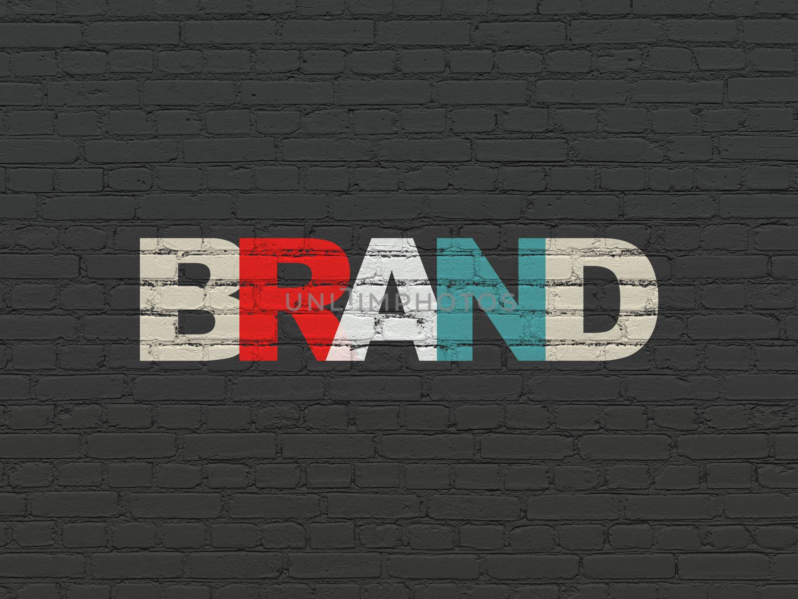 Marketing concept: Painted multicolor text Brand on Black Brick wall background