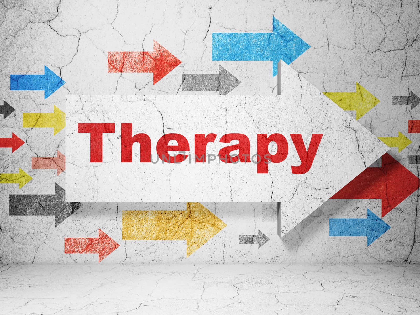 Medicine concept:  arrow with Therapy on grunge textured concrete wall background, 3D rendering