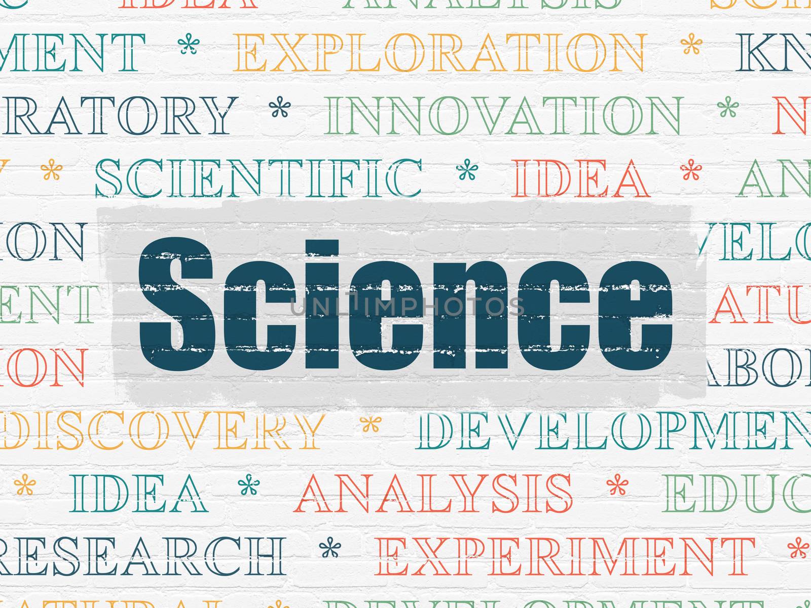 Science concept: Painted blue text Science on White Brick wall background with  Tag Cloud