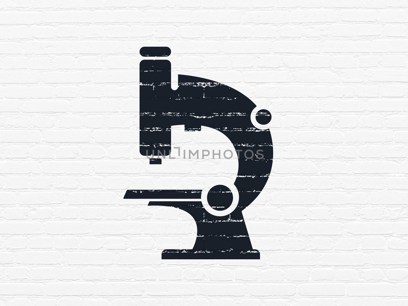 Science concept: Painted black Microscope icon on White Brick wall background