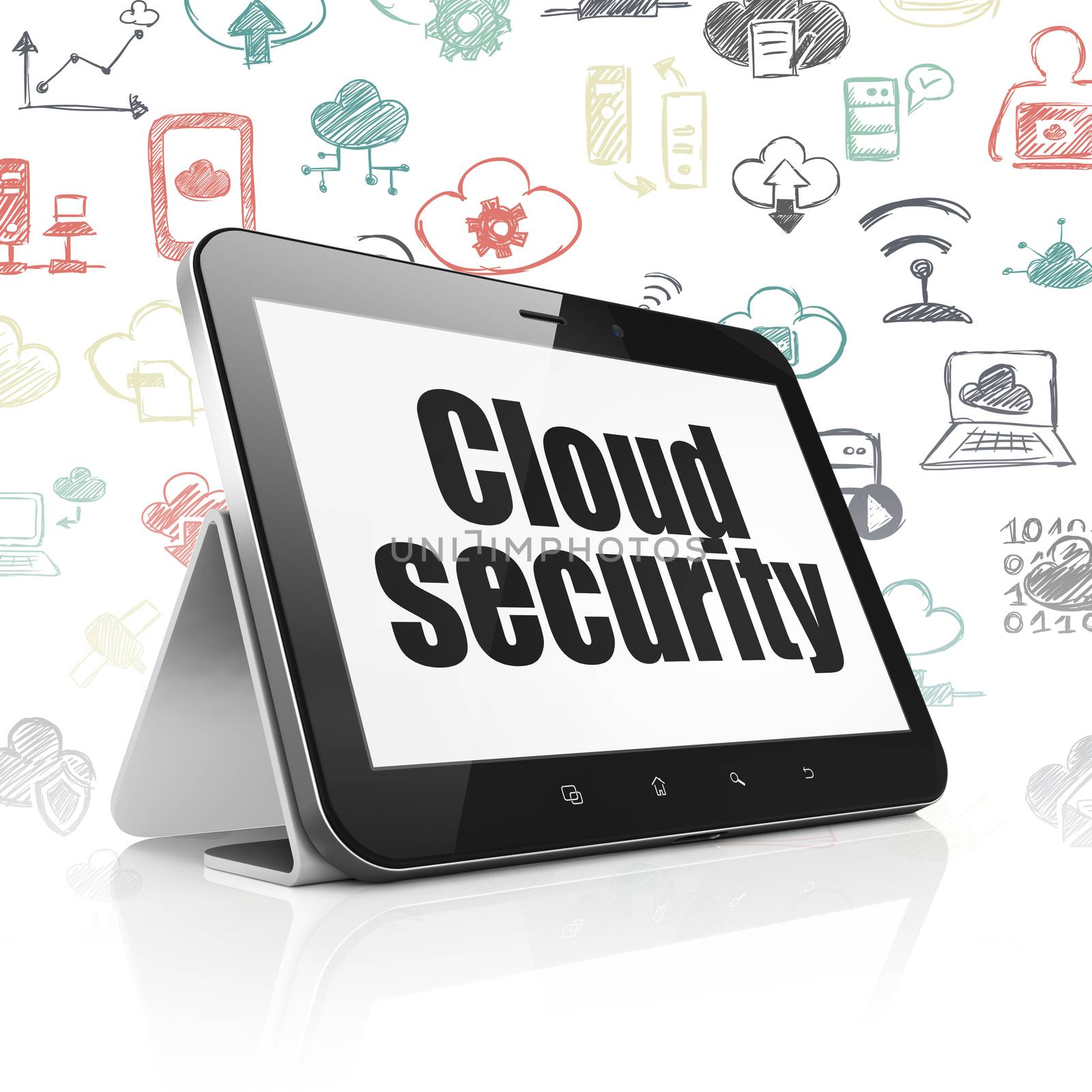 Cloud computing concept: Tablet Computer with  black text Cloud Security on display,  Hand Drawn Cloud Technology Icons background, 3D rendering