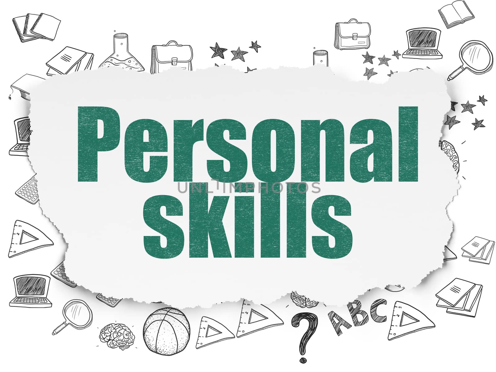 Learning concept: Painted green text Personal Skills on Torn Paper background with  Hand Drawn Education Icons