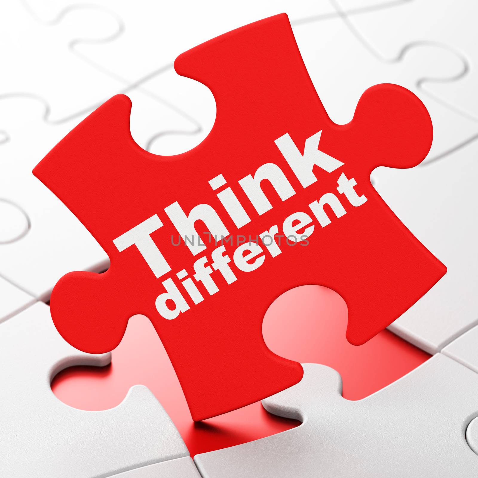 Studying concept: Think Different on Red puzzle pieces background, 3D rendering