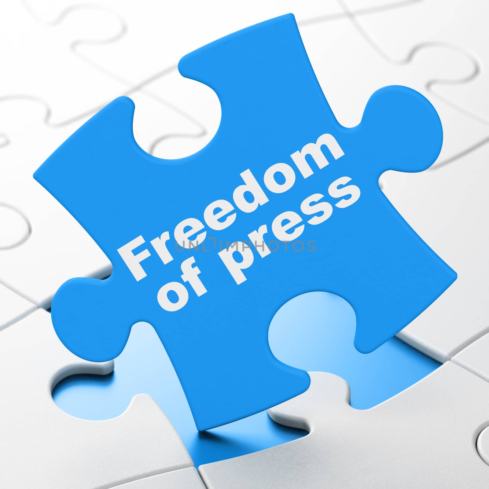 Political concept: Freedom Of Press on Blue puzzle pieces background, 3D rendering