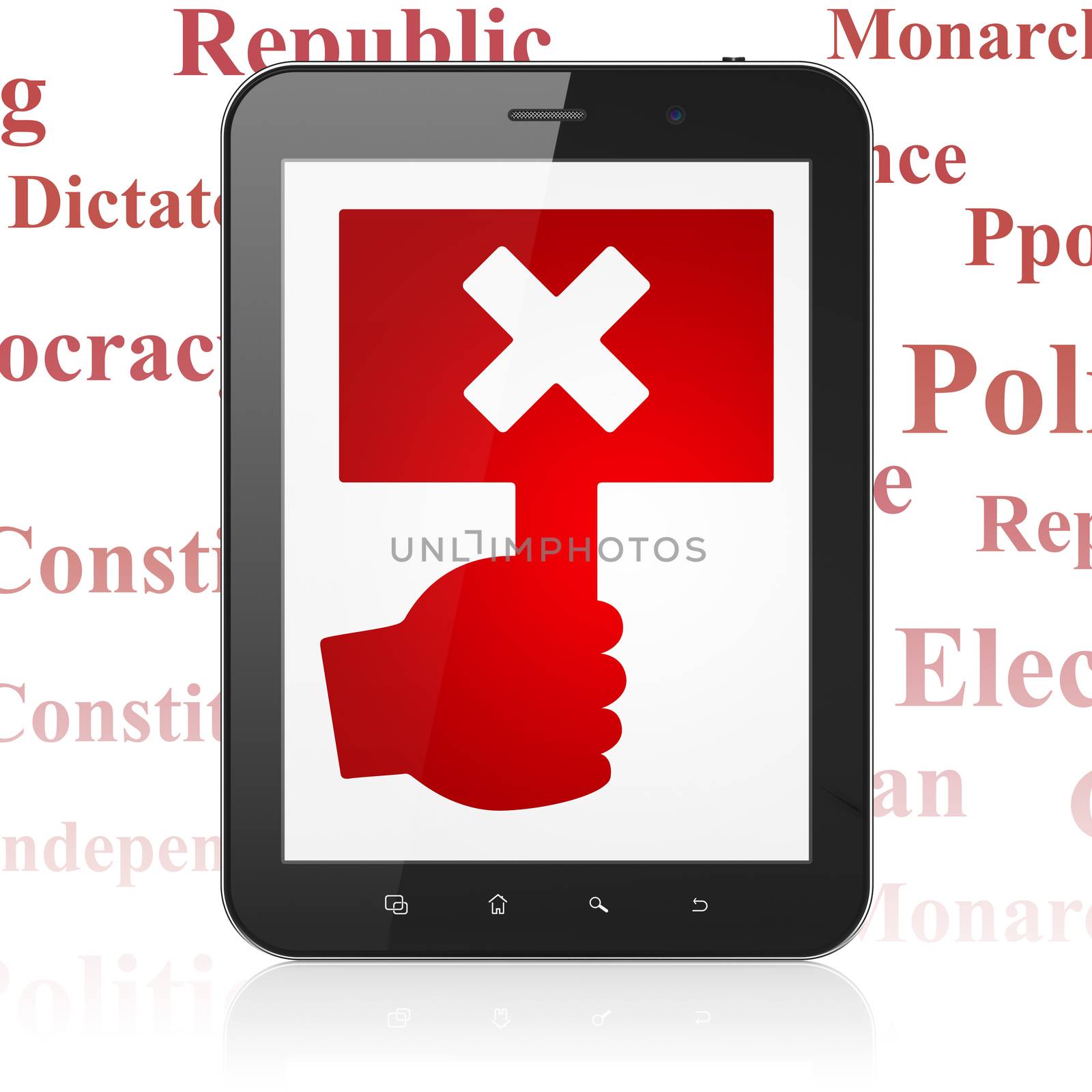 Politics concept: Tablet Computer with  red Protest icon on display,  Tag Cloud background, 3D rendering