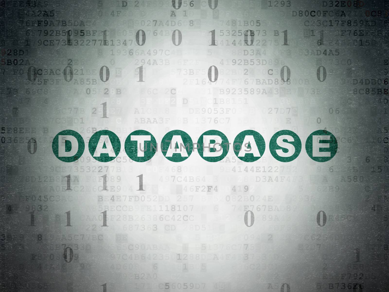 Software concept: Painted green text Database on Digital Data Paper background with Binary Code