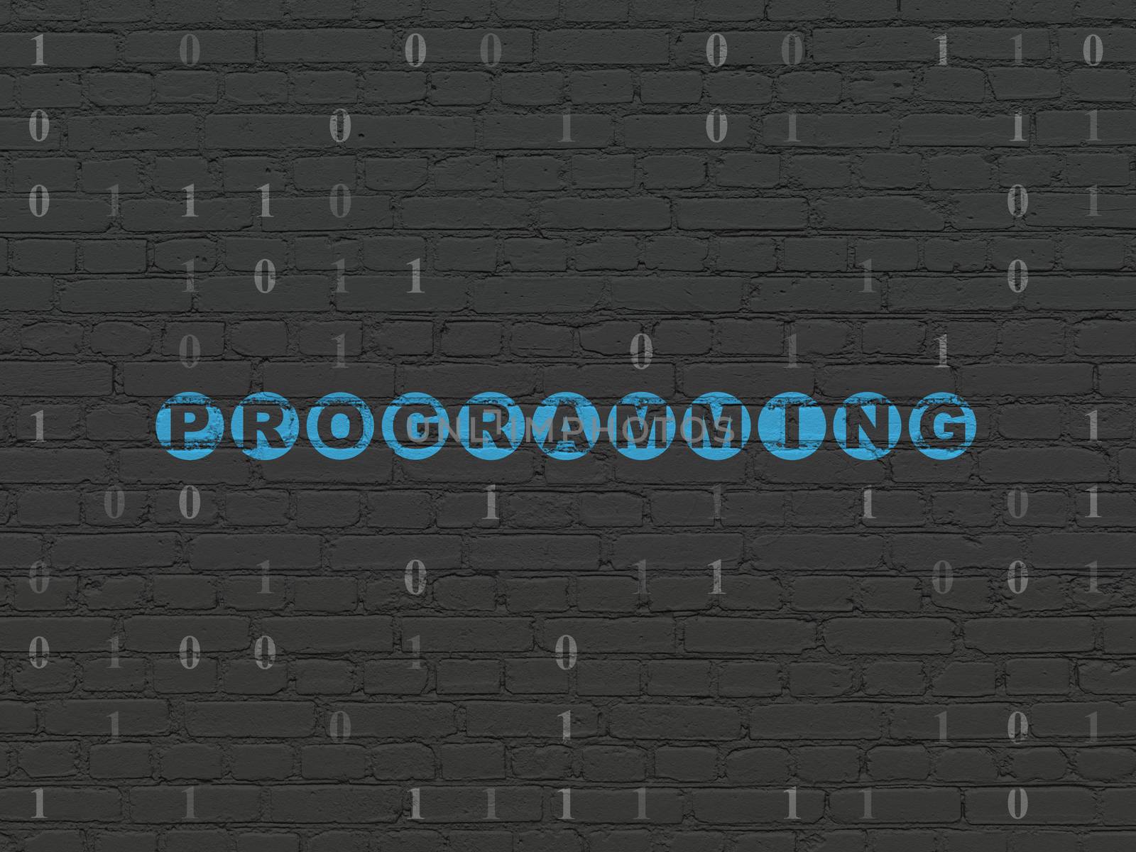 Database concept: Painted blue text Programming on Black Brick wall background with Binary Code