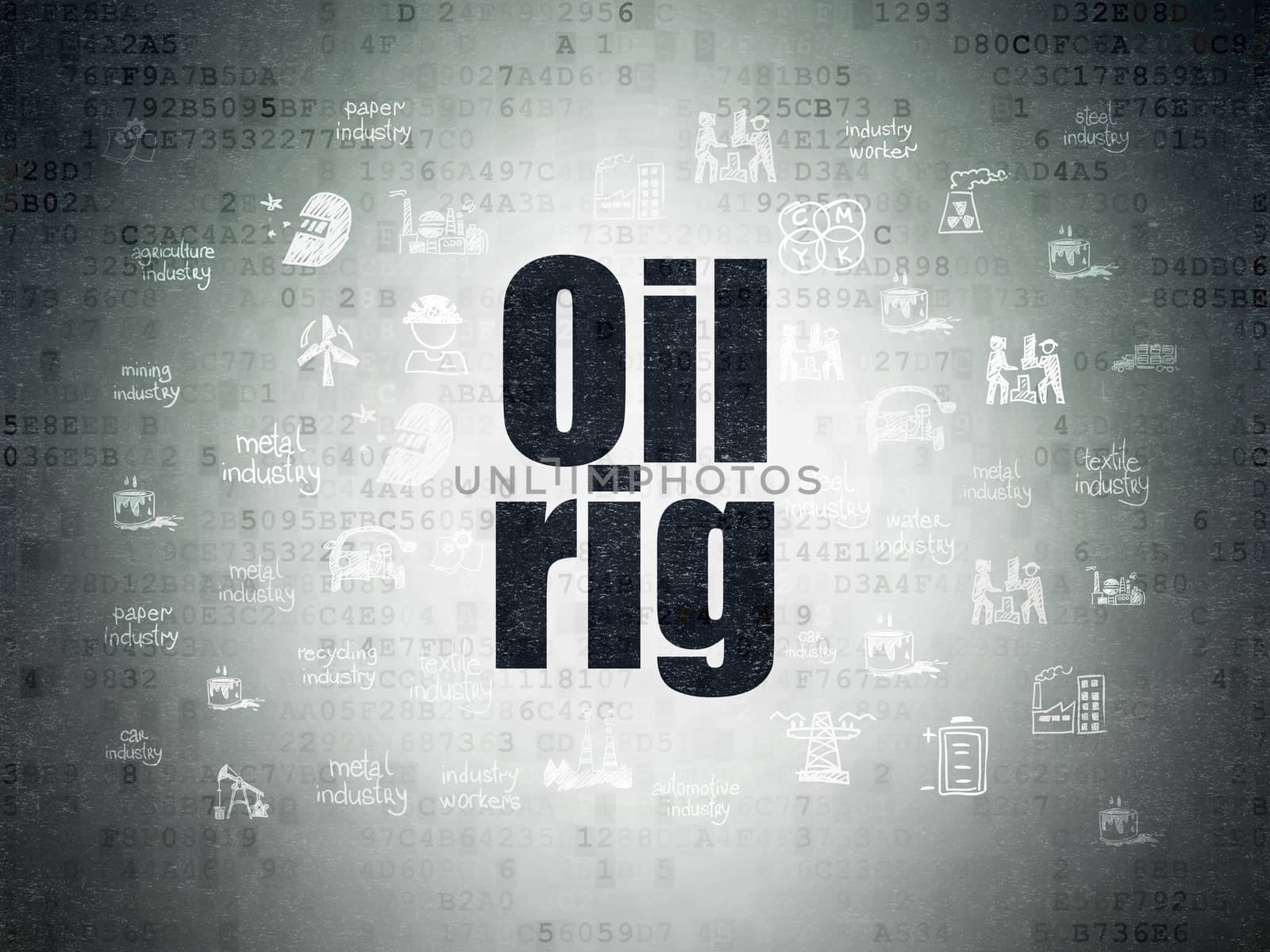 Manufacuring concept: Painted black text Oil Rig on Digital Data Paper background with  Hand Drawn Industry Icons