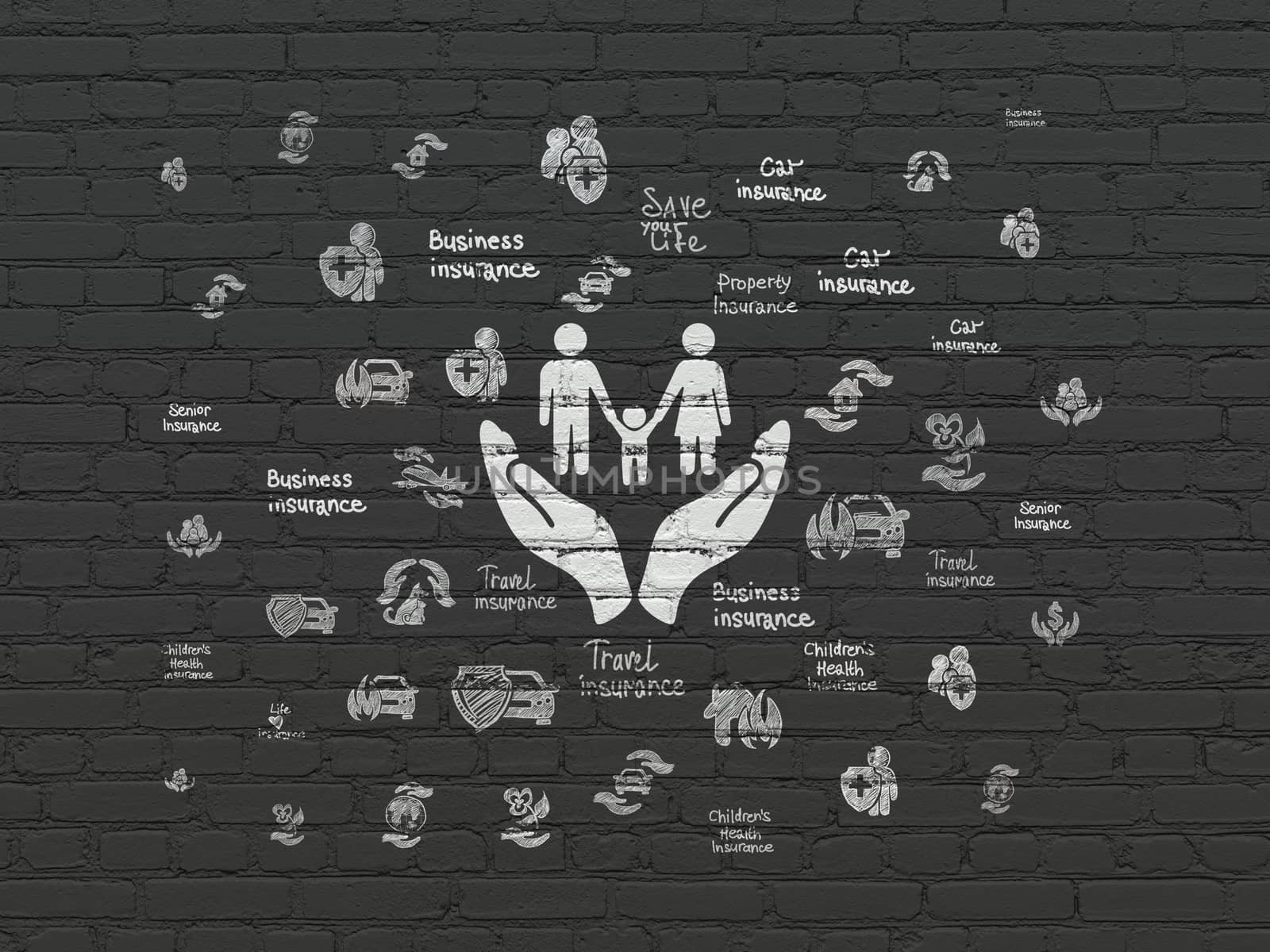 Insurance concept: Painted white Family And Palm icon on Black Brick wall background with  Hand Drawn Insurance Icons