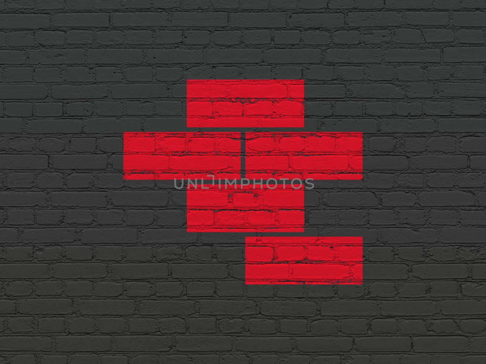 Constructing concept: Painted red Bricks icon on Black Brick wall background