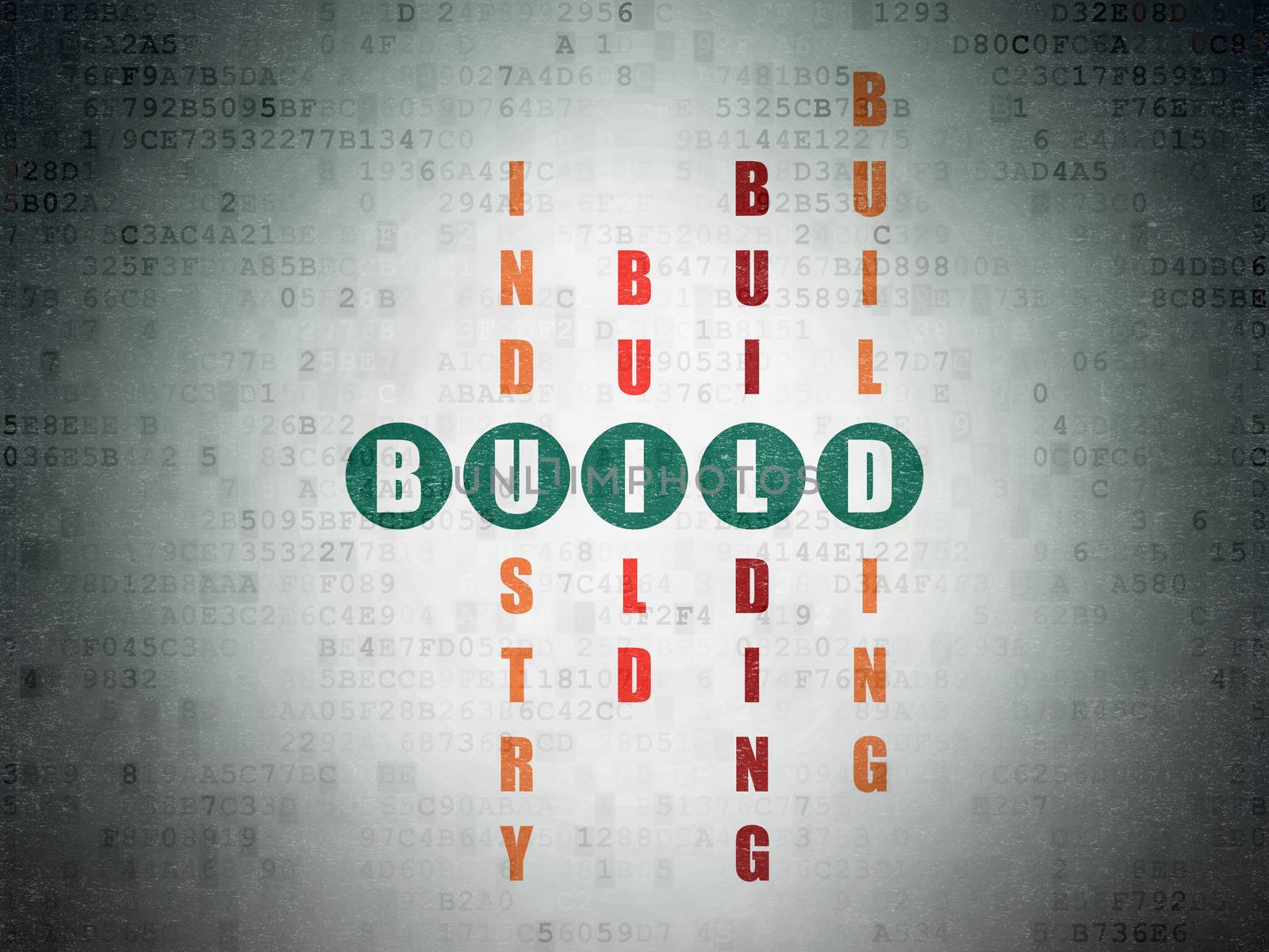 Constructing concept: Painted green word Build in solving Crossword Puzzle on Digital Data Paper background
