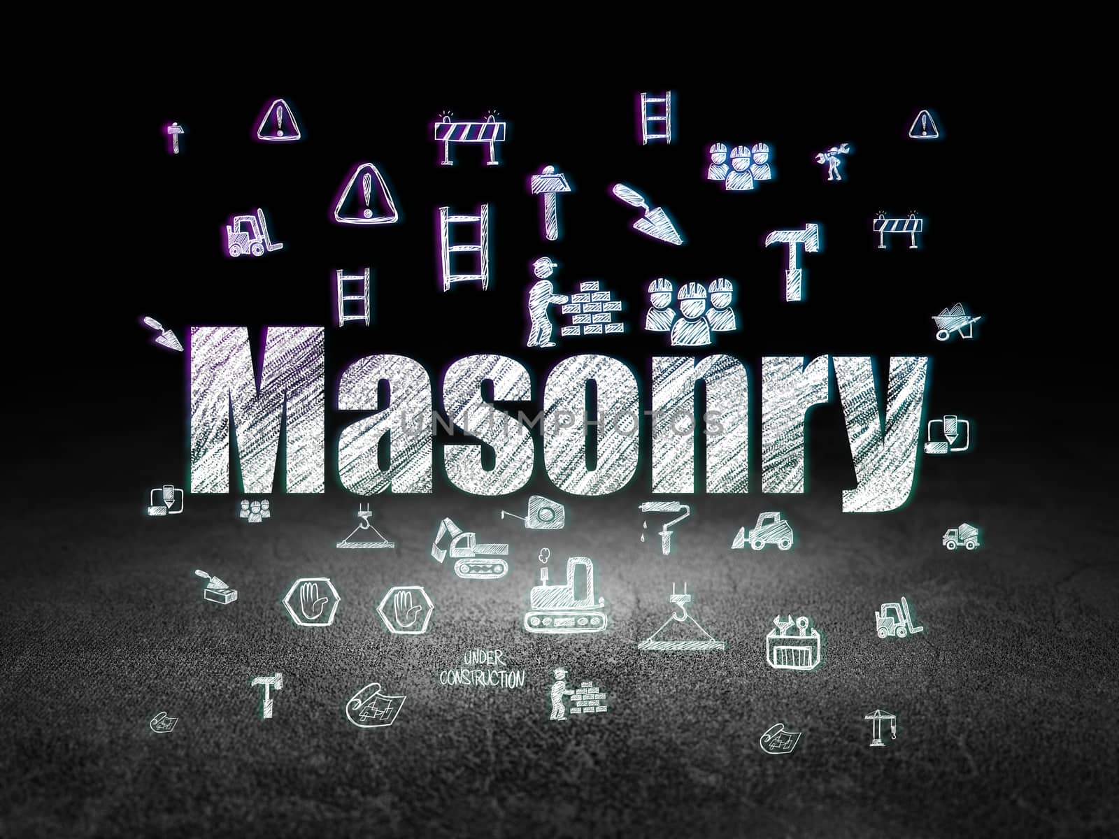 Constructing concept: Glowing text Masonry,  Hand Drawn Building Icons in grunge dark room with Dirty Floor, black background