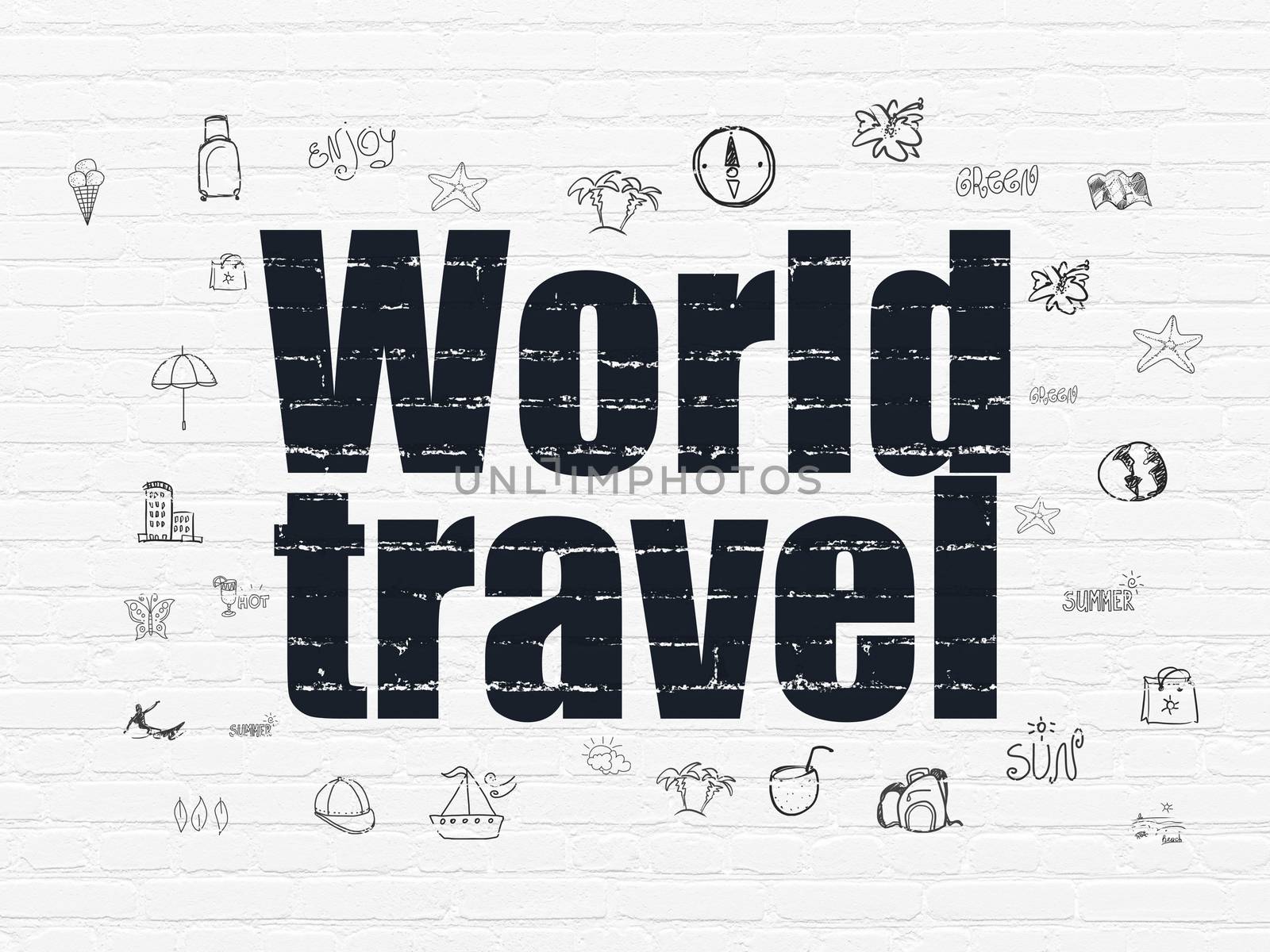 Tourism concept: Painted black text World Travel on White Brick wall background with  Hand Drawn Vacation Icons