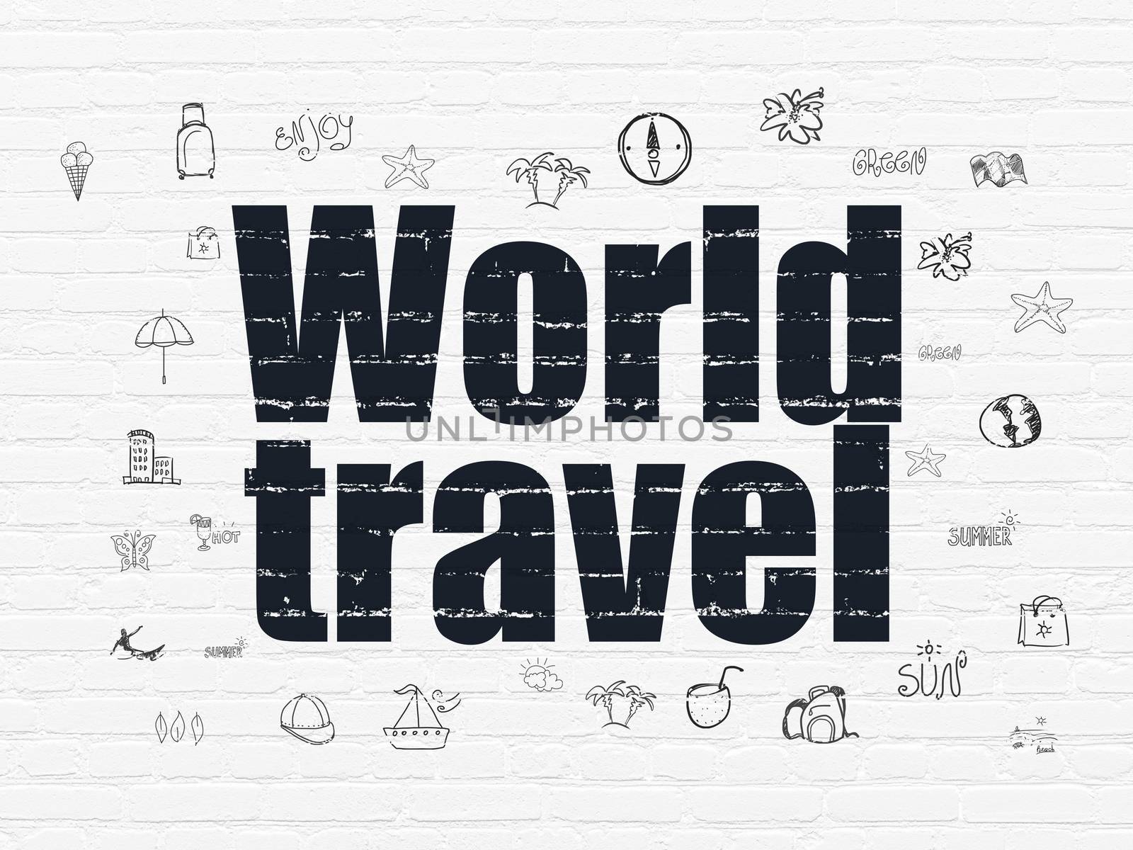 Tourism concept: Painted black text World Travel on White Brick wall background with  Hand Drawn Vacation Icons