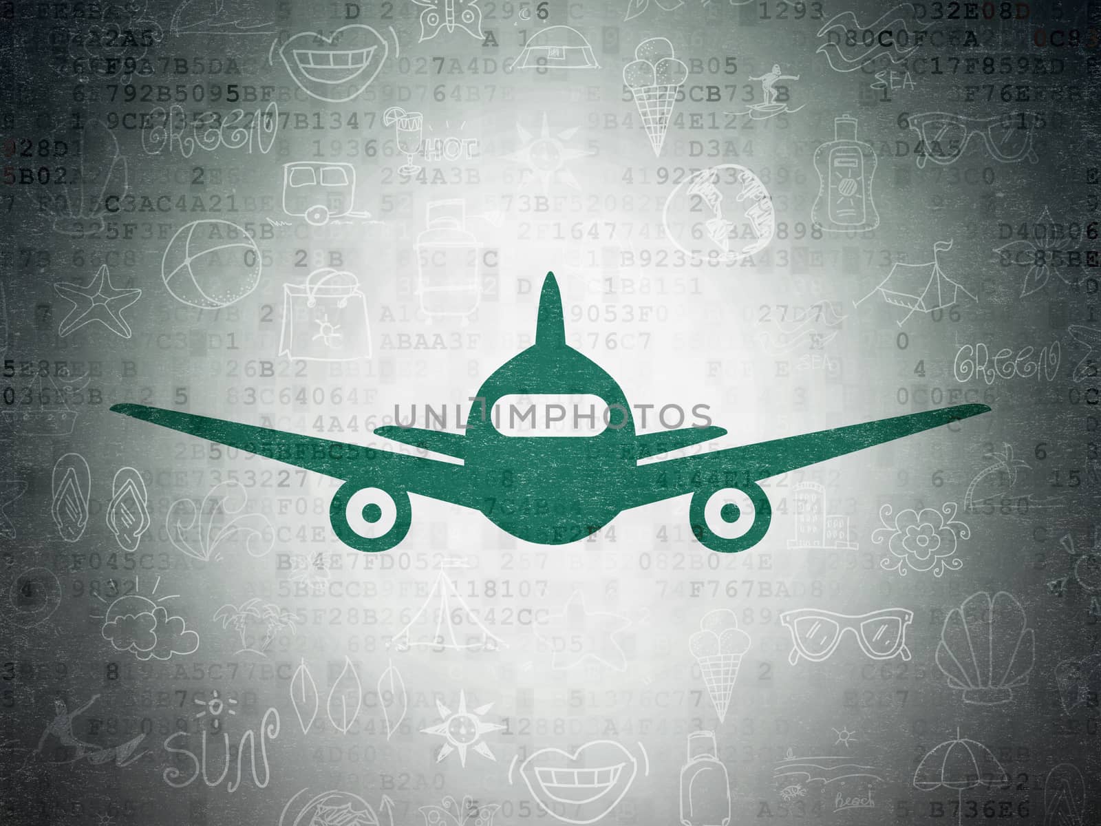 Travel concept: Painted green Aircraft icon on Digital Data Paper background with  Hand Drawn Vacation Icons