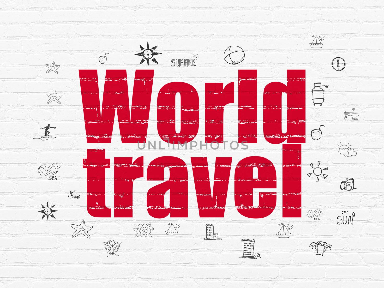 Travel concept: Painted red text World Travel on White Brick wall background with  Hand Drawn Vacation Icons