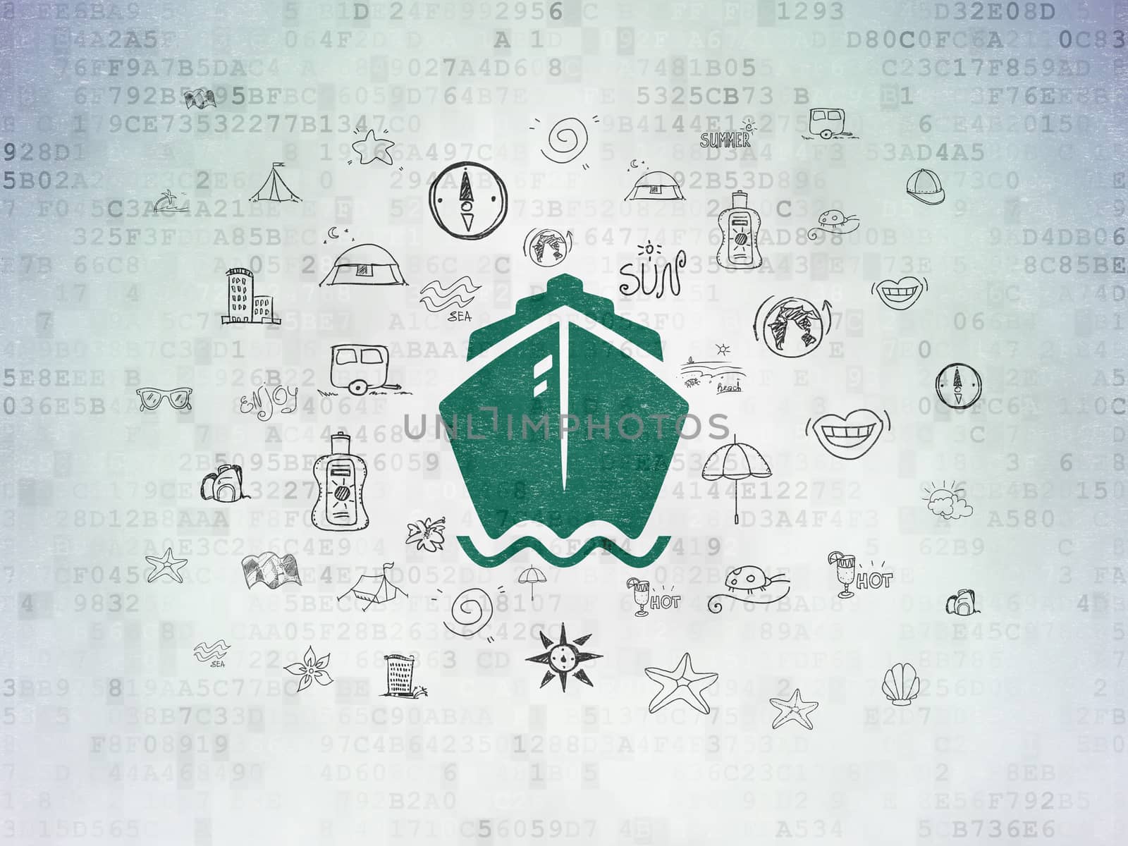 Vacation concept: Painted green Ship icon on Digital Data Paper background with  Hand Drawn Vacation Icons