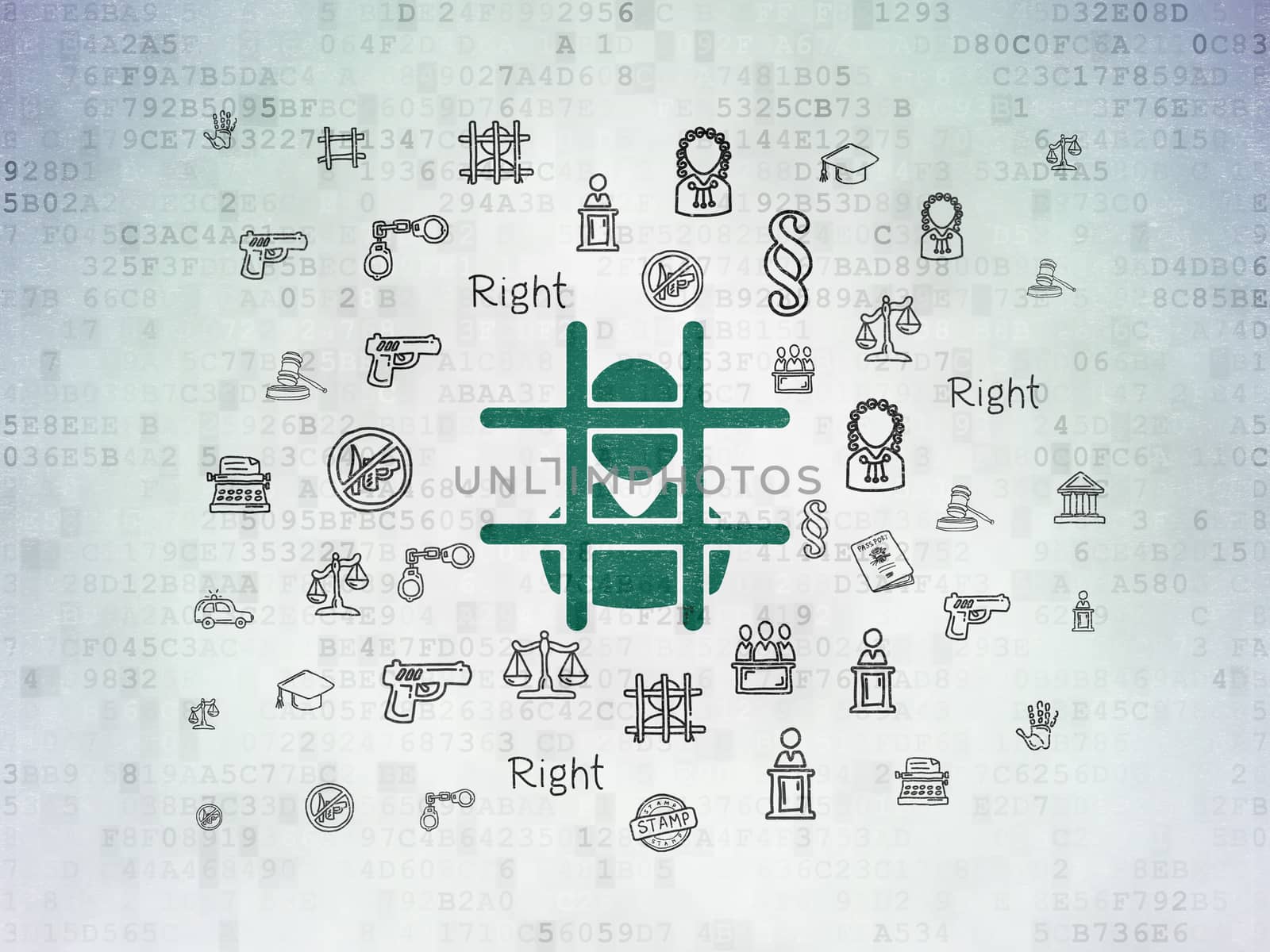 Law concept: Painted green Criminal icon on Digital Data Paper background with  Hand Drawn Law Icons