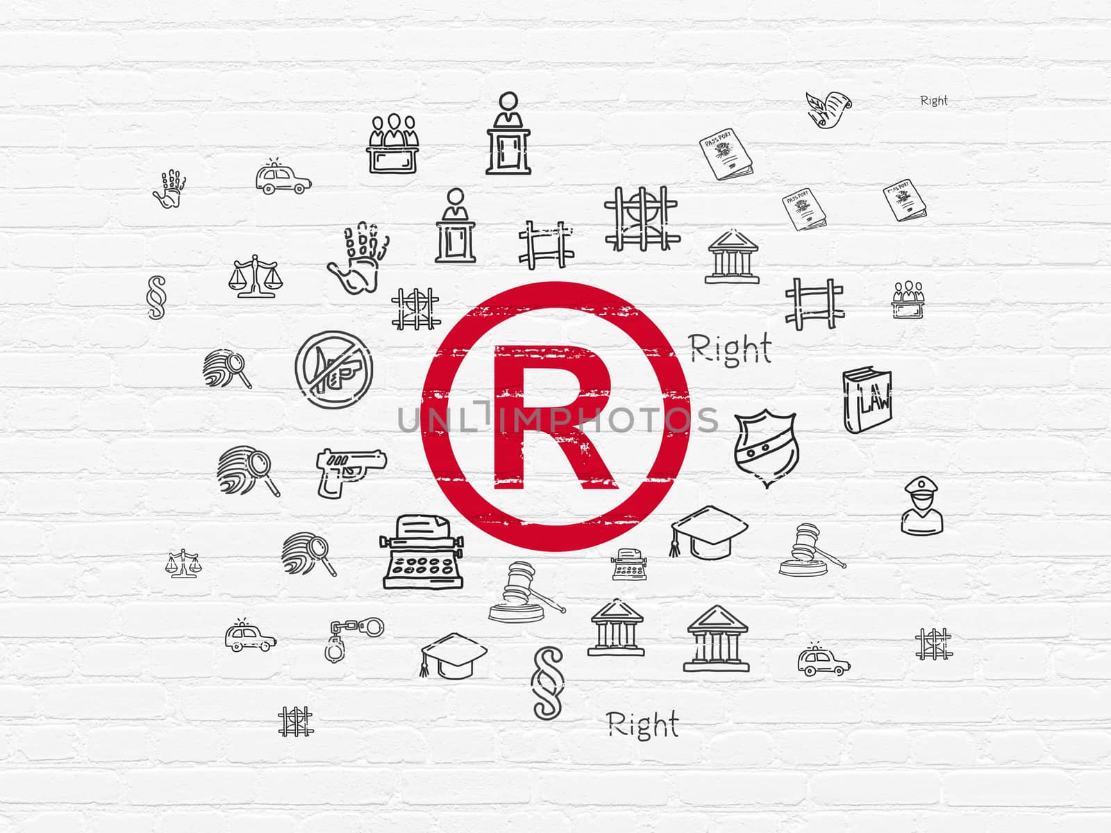 Law concept: Painted red Registered icon on White Brick wall background with  Hand Drawn Law Icons