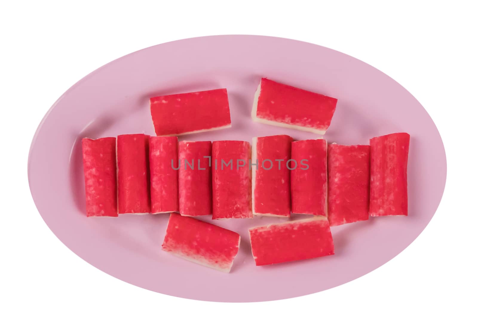 top view Crab stick on plate  isolated on white background