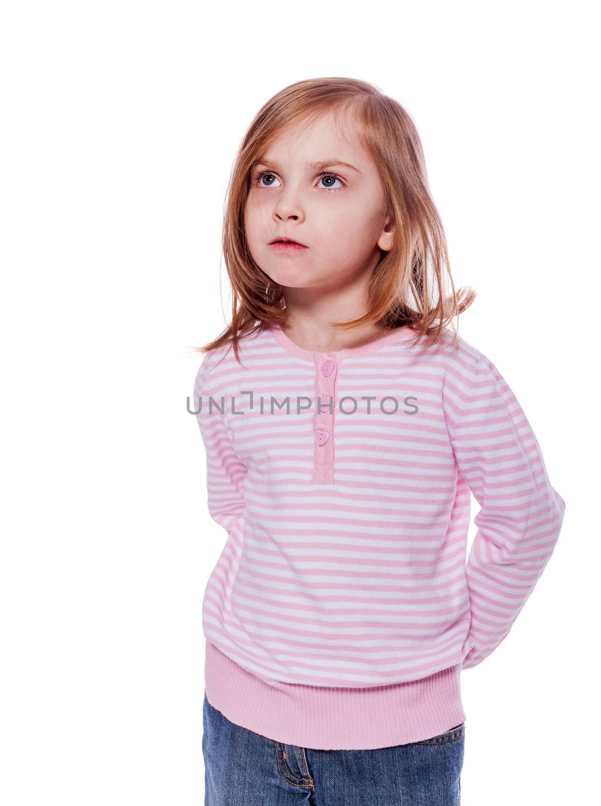 Serious five years girl looking up isolated