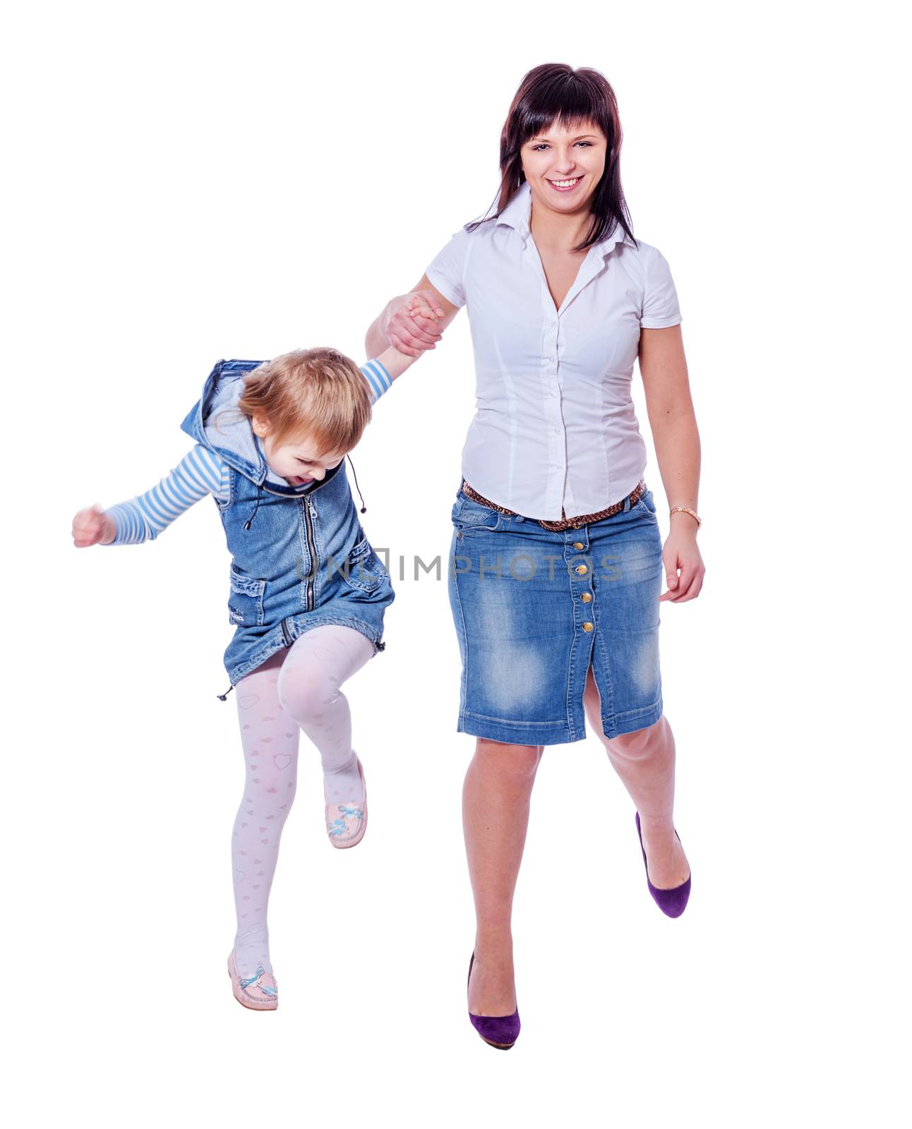 Mother and daughter smiling walking together isolated
