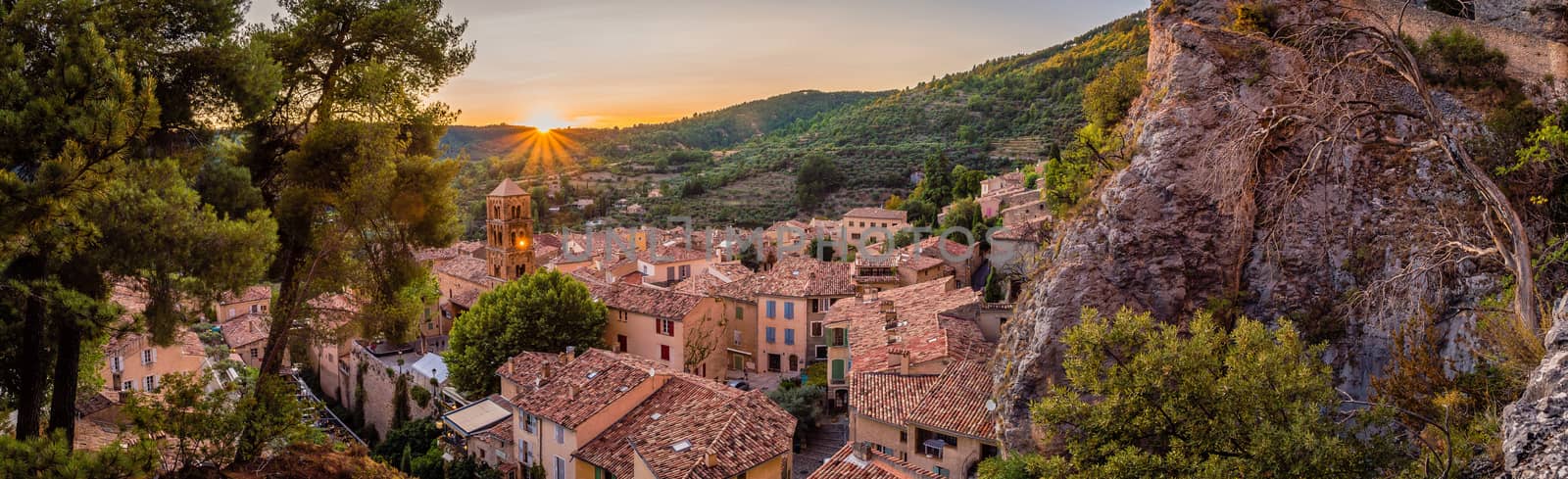 Panorama at sunset in the lovely village of Moustiers Sainte Marie in France