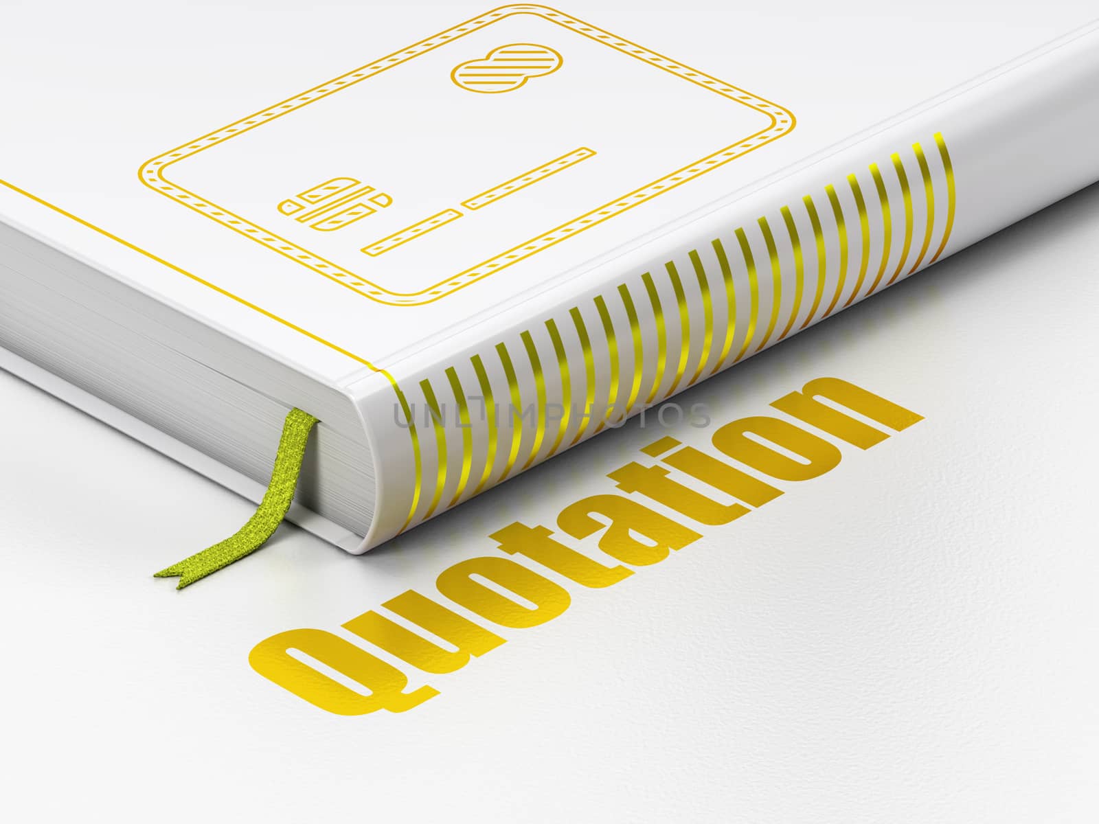 Money concept: closed book with Gold Credit Card icon and text Quotation on floor, white background, 3D rendering