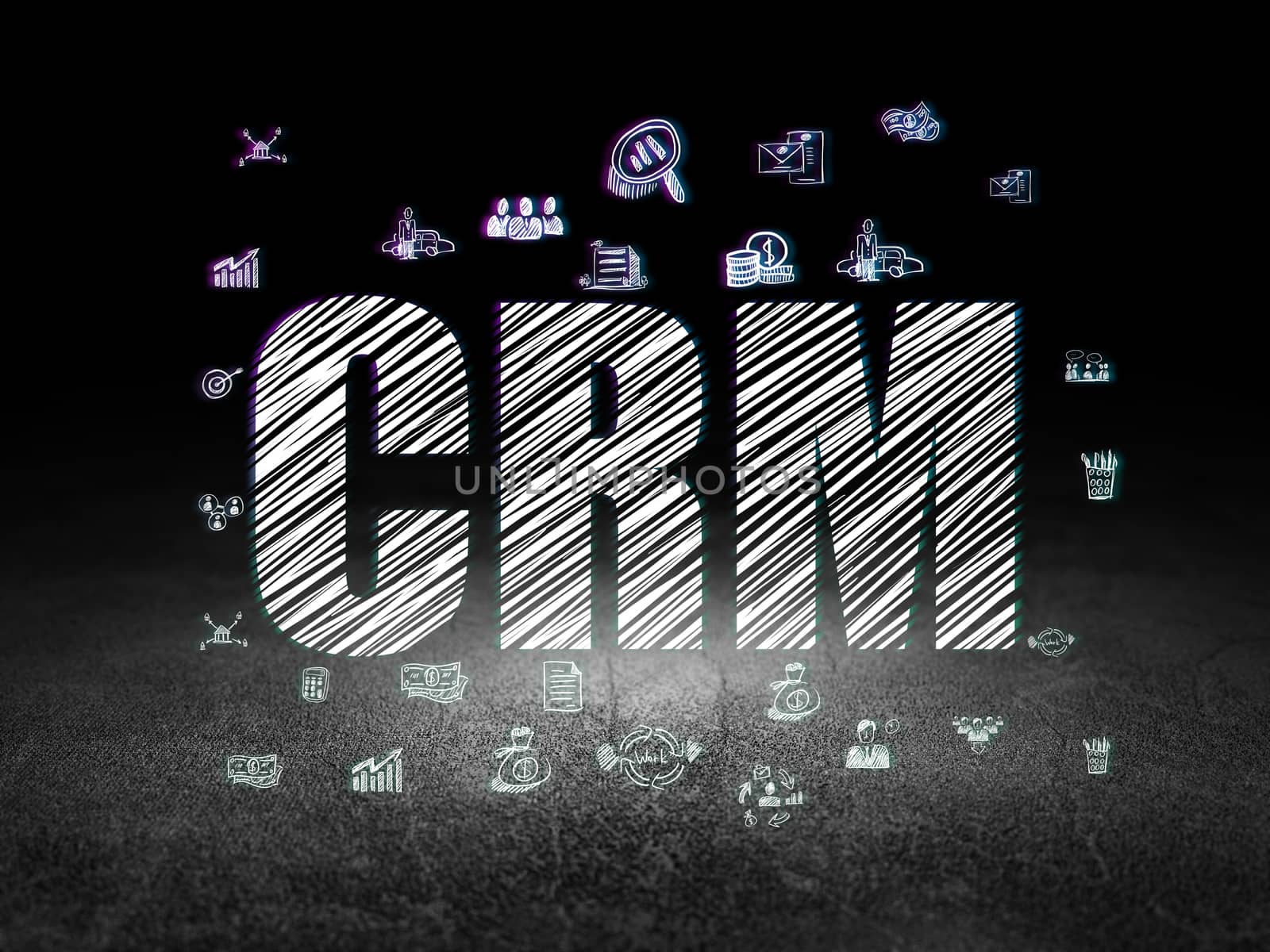 Finance concept: Glowing text CRM,  Hand Drawn Business Icons in grunge dark room with Dirty Floor, black background