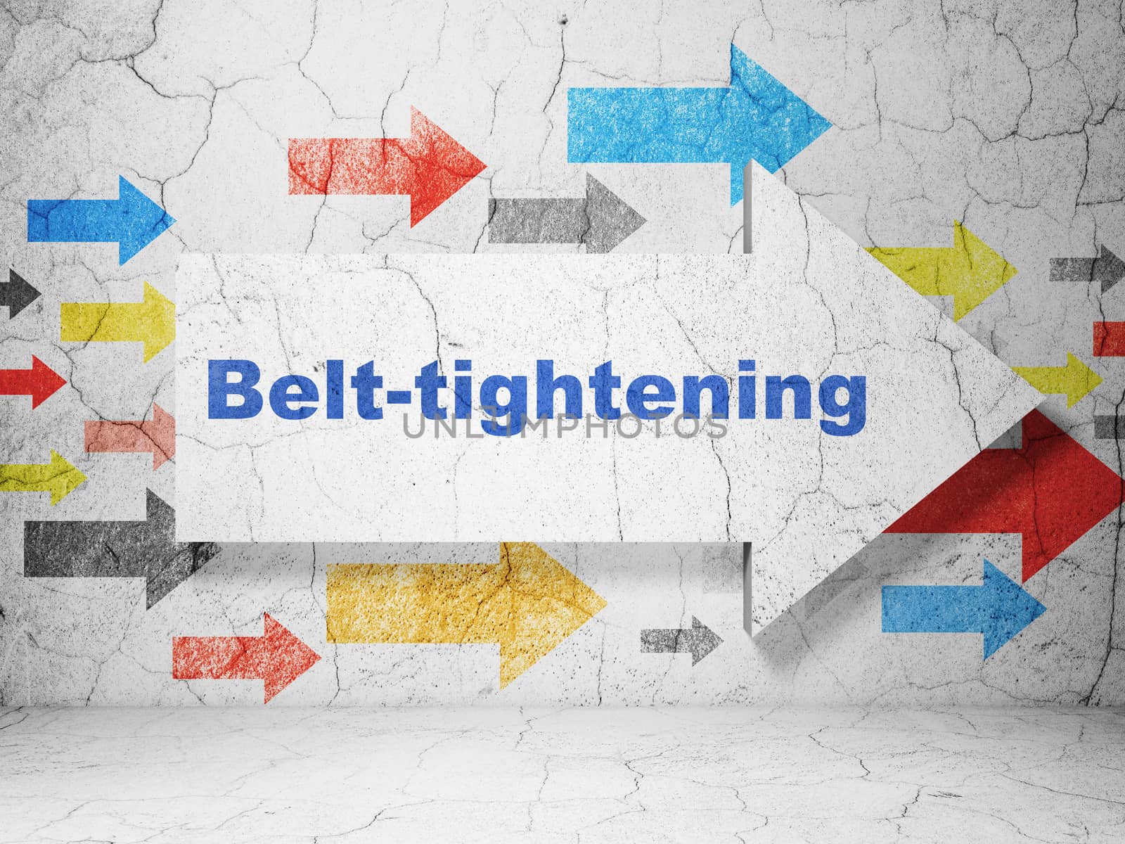 Business concept:  arrow with Belt-tightening on grunge textured concrete wall background, 3D rendering