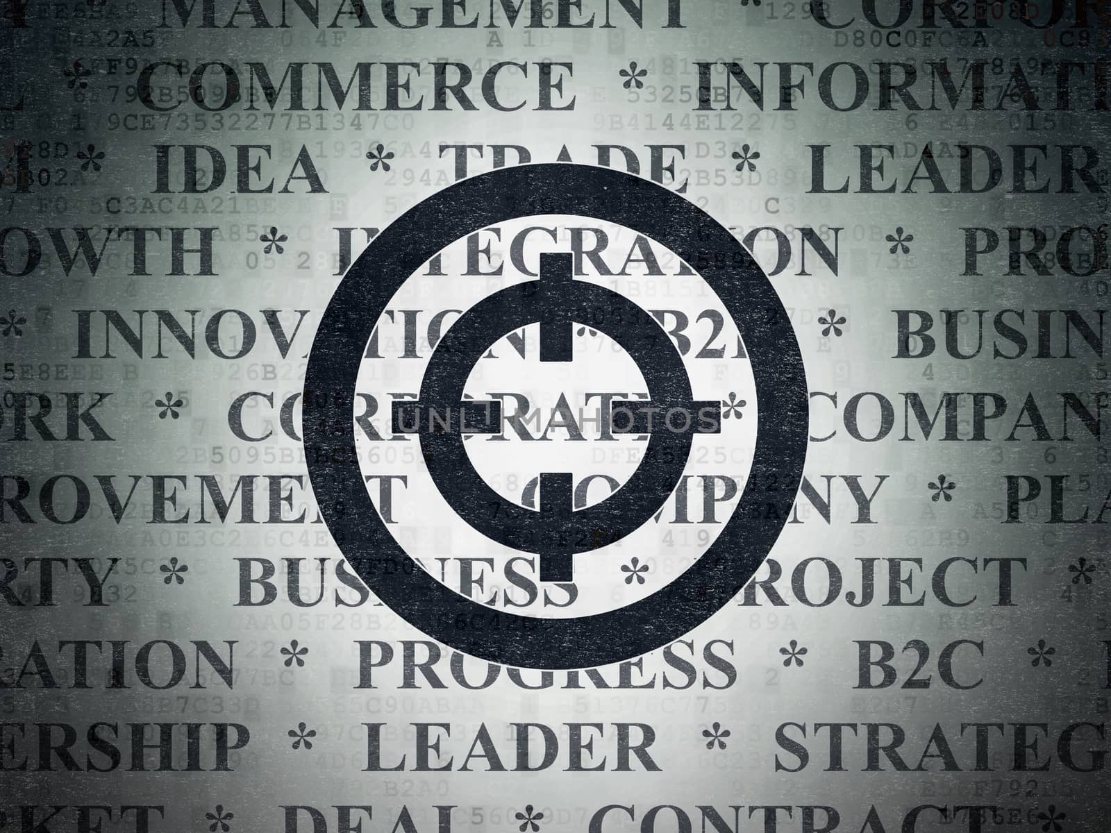 Finance concept: Painted black Target icon on Digital Data Paper background with  Tag Cloud