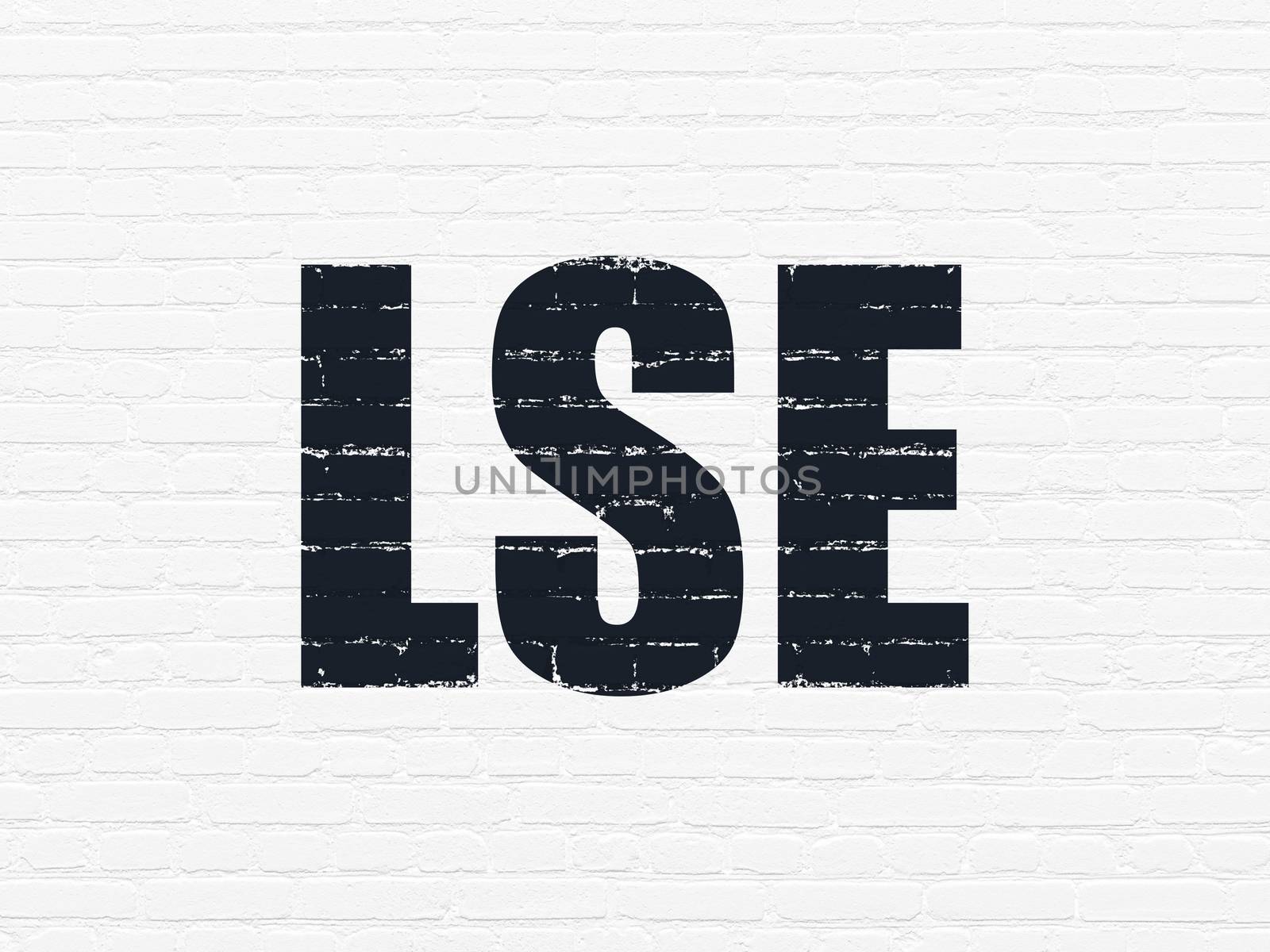 Stock market indexes concept: Painted black text LSE on White Brick wall background