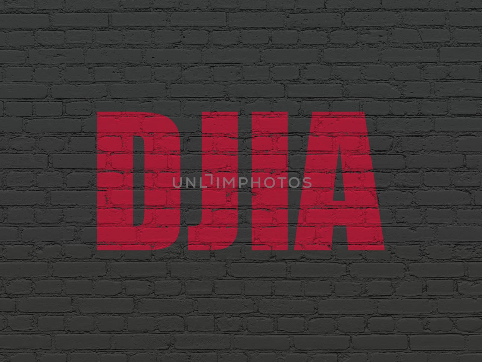 Stock market indexes concept: Painted red text DJIA on Black Brick wall background