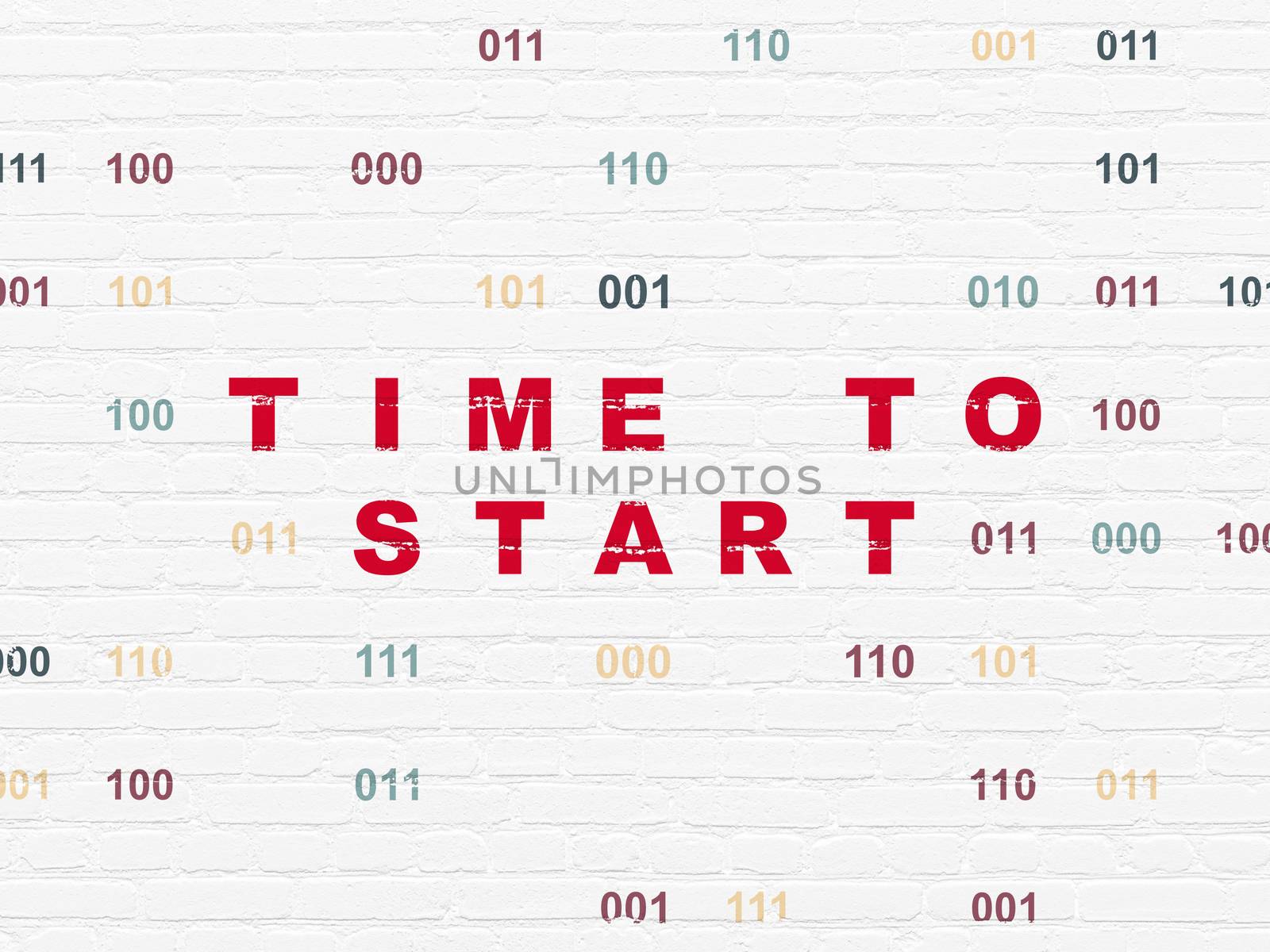 Timeline concept: Painted red text Time to Start on White Brick wall background with Binary Code