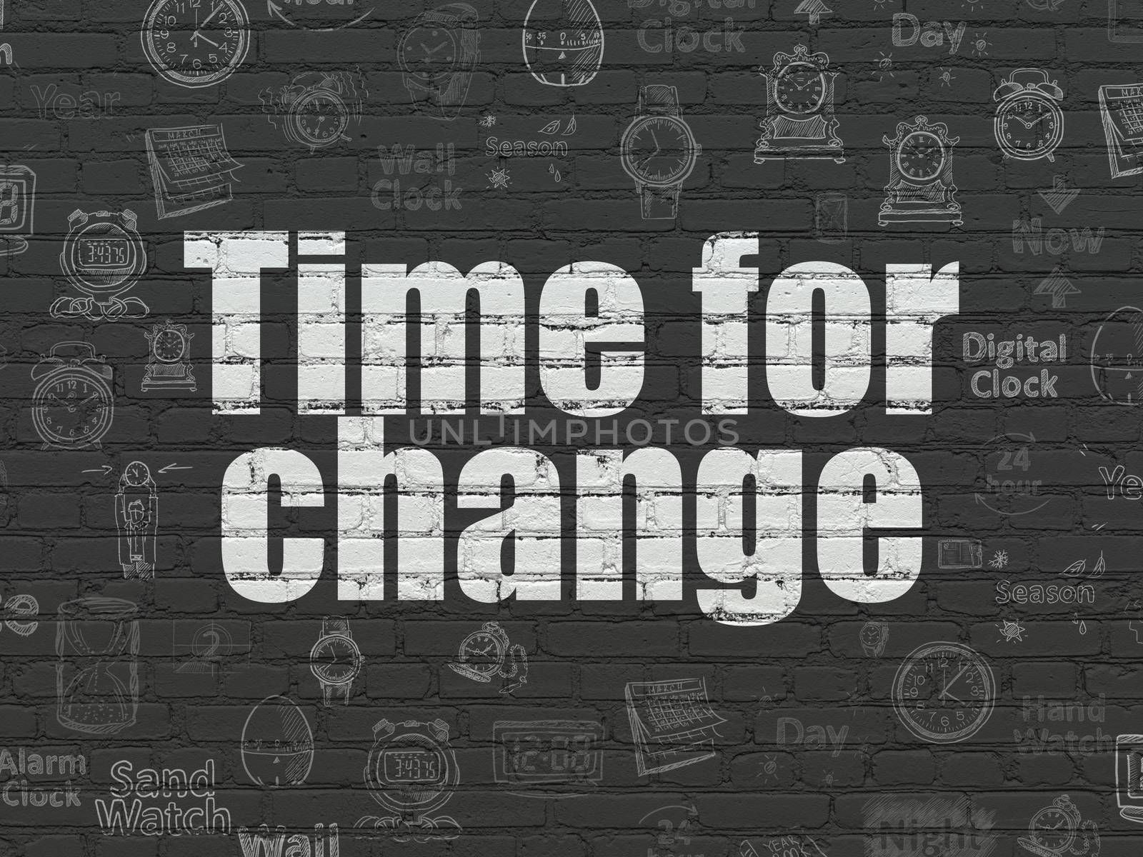 Timeline concept: Painted white text Time for Change on Black Brick wall background with  Hand Drawing Time Icons