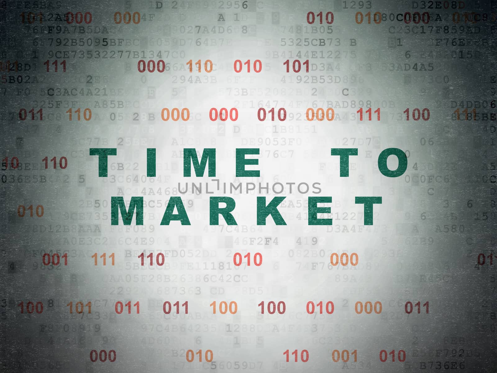 Timeline concept: Painted green text Time to Market on Digital Data Paper background with Binary Code