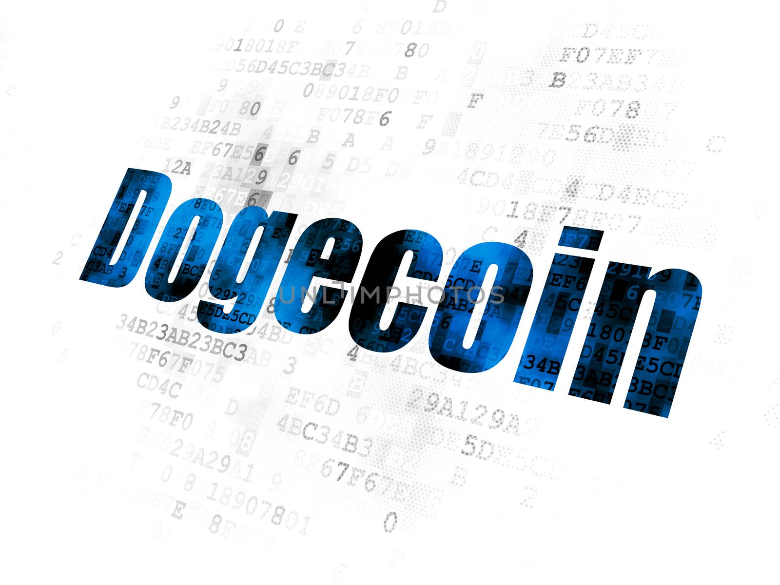 Cryptocurrency concept: Pixelated blue text Dogecoin on Digital background