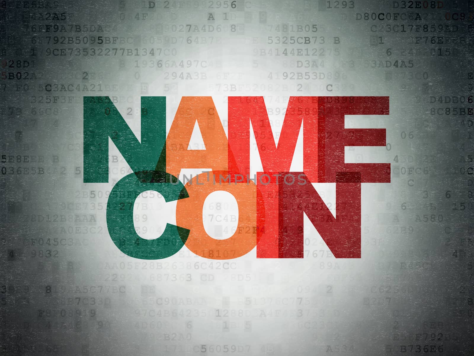 Blockchain concept: Painted multicolor text Namecoin on Digital Data Paper background