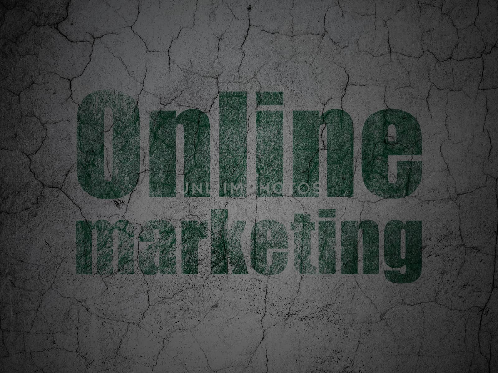 Advertising concept: Green Online Marketing on grunge textured concrete wall background
