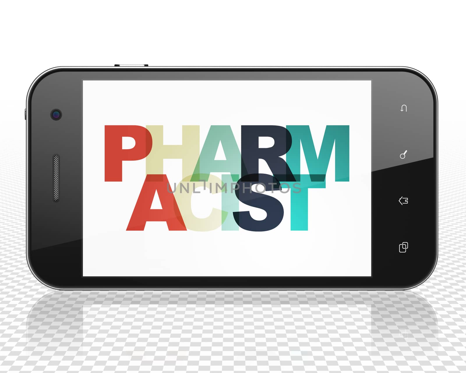 Medicine concept: Smartphone with Painted multicolor text Pharmacist on display, 3D rendering