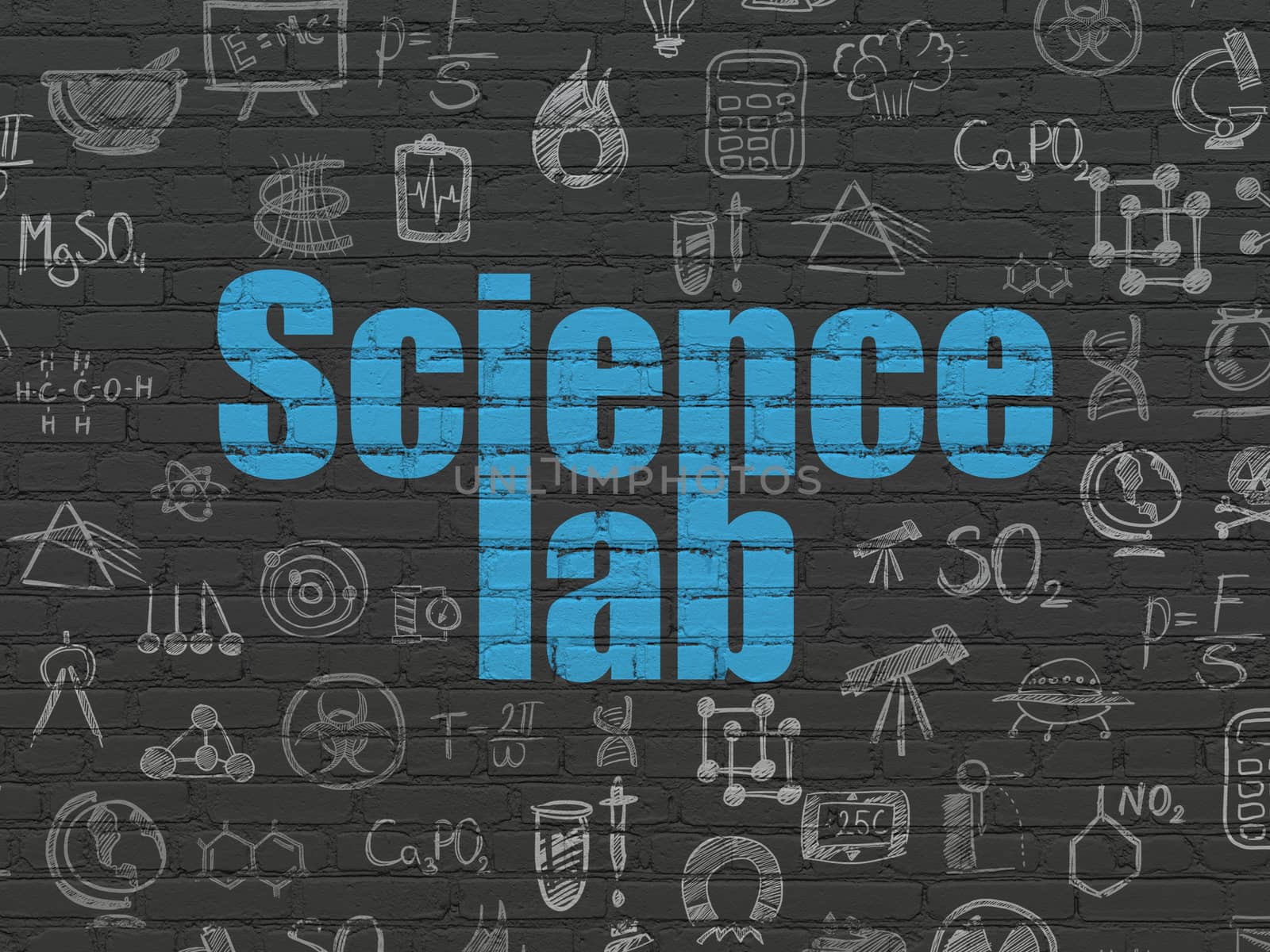 Science concept: Painted blue text Science Lab on Black Brick wall background with  Hand Drawn Science Icons