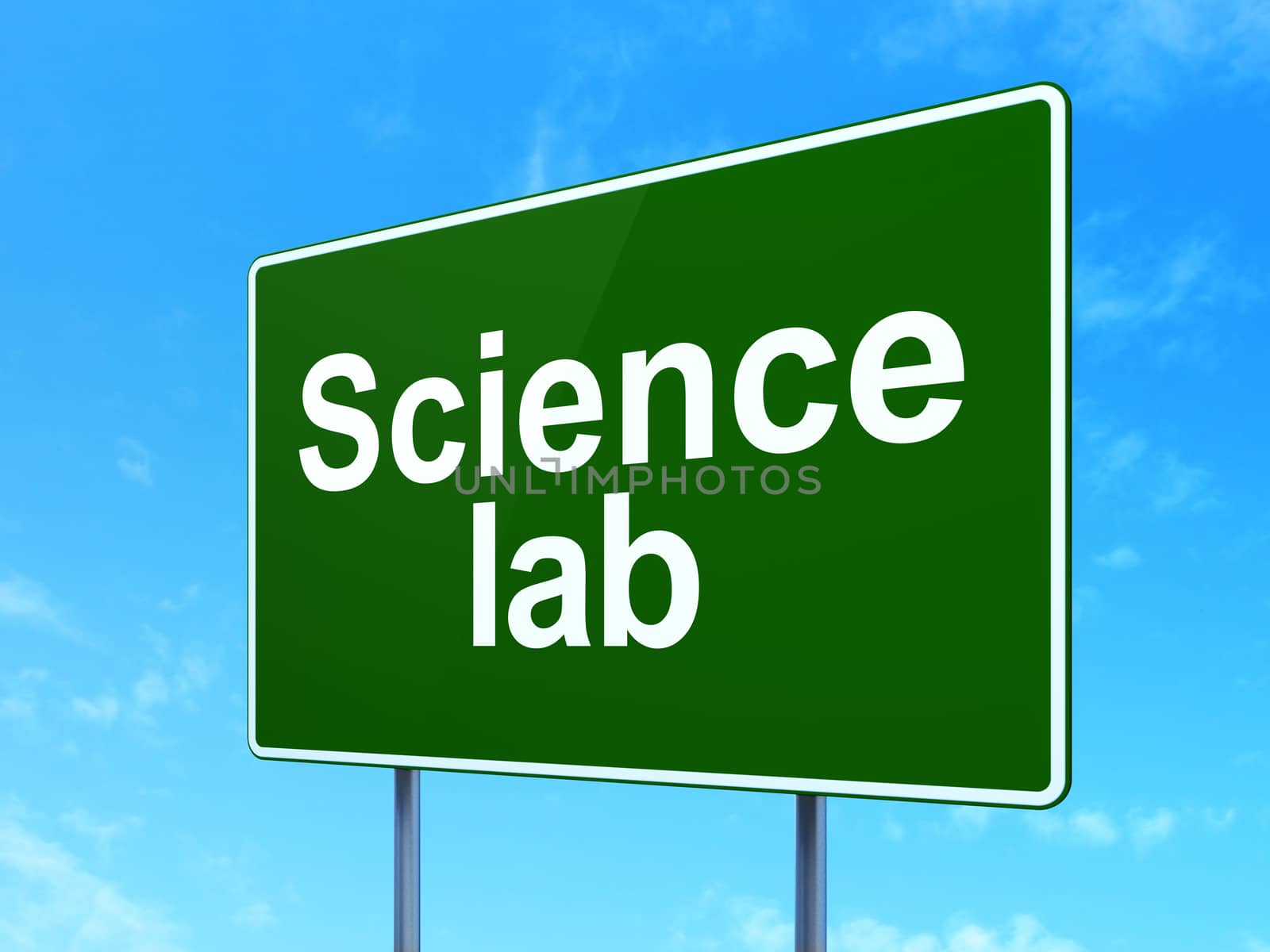 Science concept: Science Lab on green road highway sign, clear blue sky background, 3D rendering