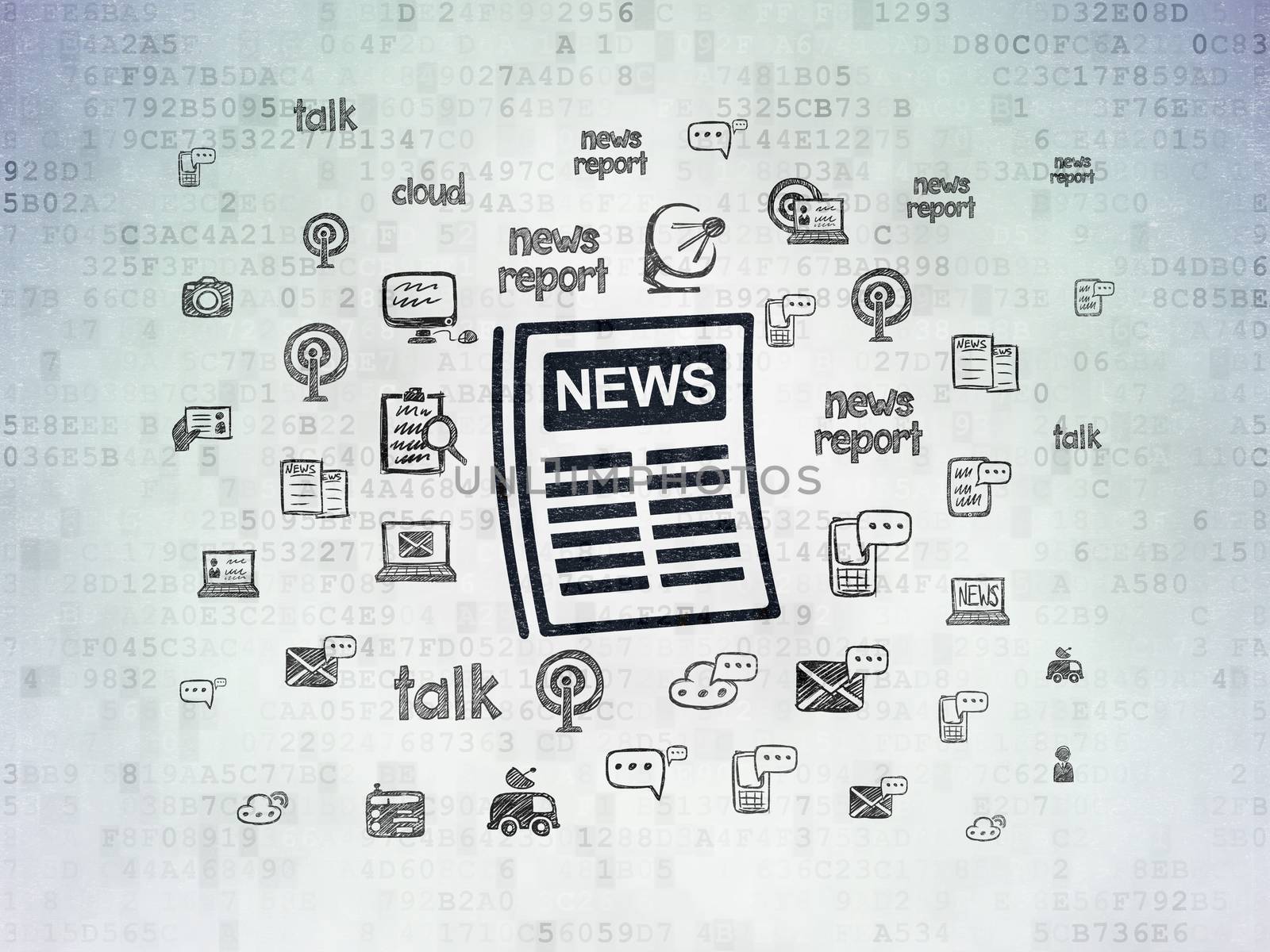 News concept: Painted black Newspaper icon on Digital Data Paper background with  Hand Drawn News Icons