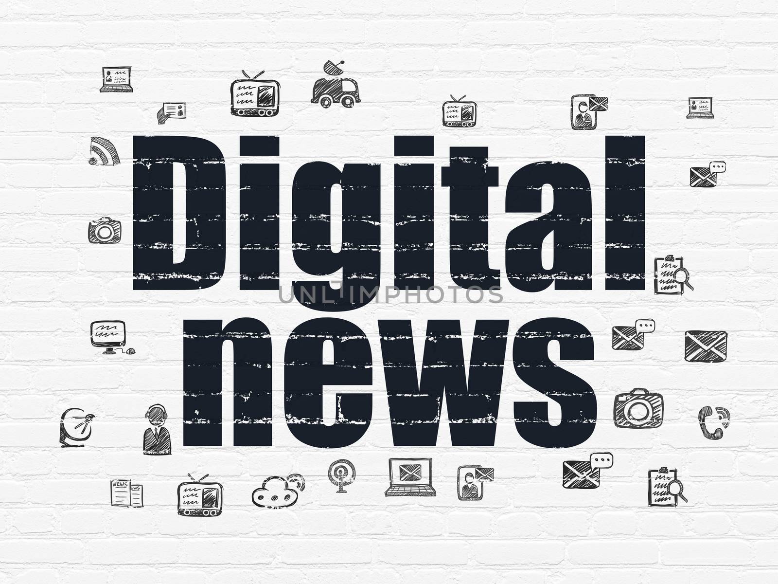 News concept: Painted black text Digital News on White Brick wall background with  Hand Drawn News Icons