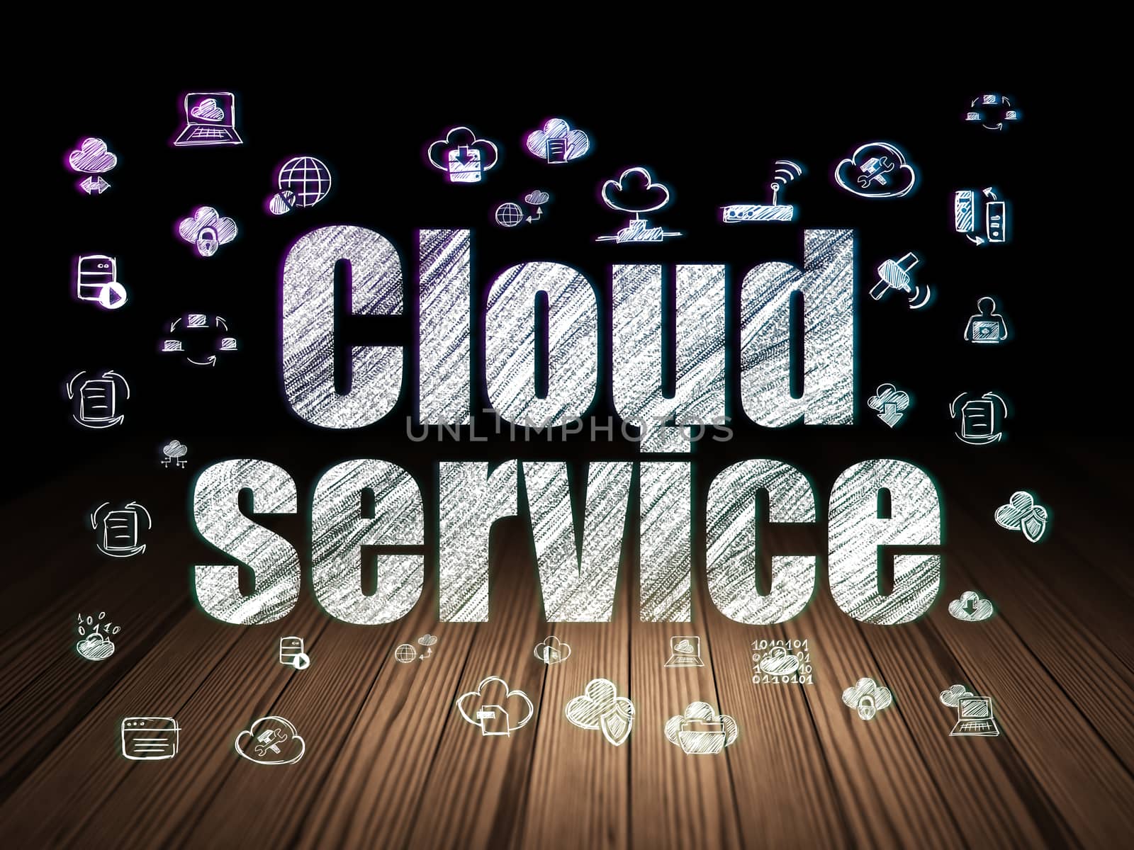 Cloud networking concept: Glowing text Cloud Service,  Hand Drawn Cloud Technology Icons in grunge dark room with Wooden Floor, black background