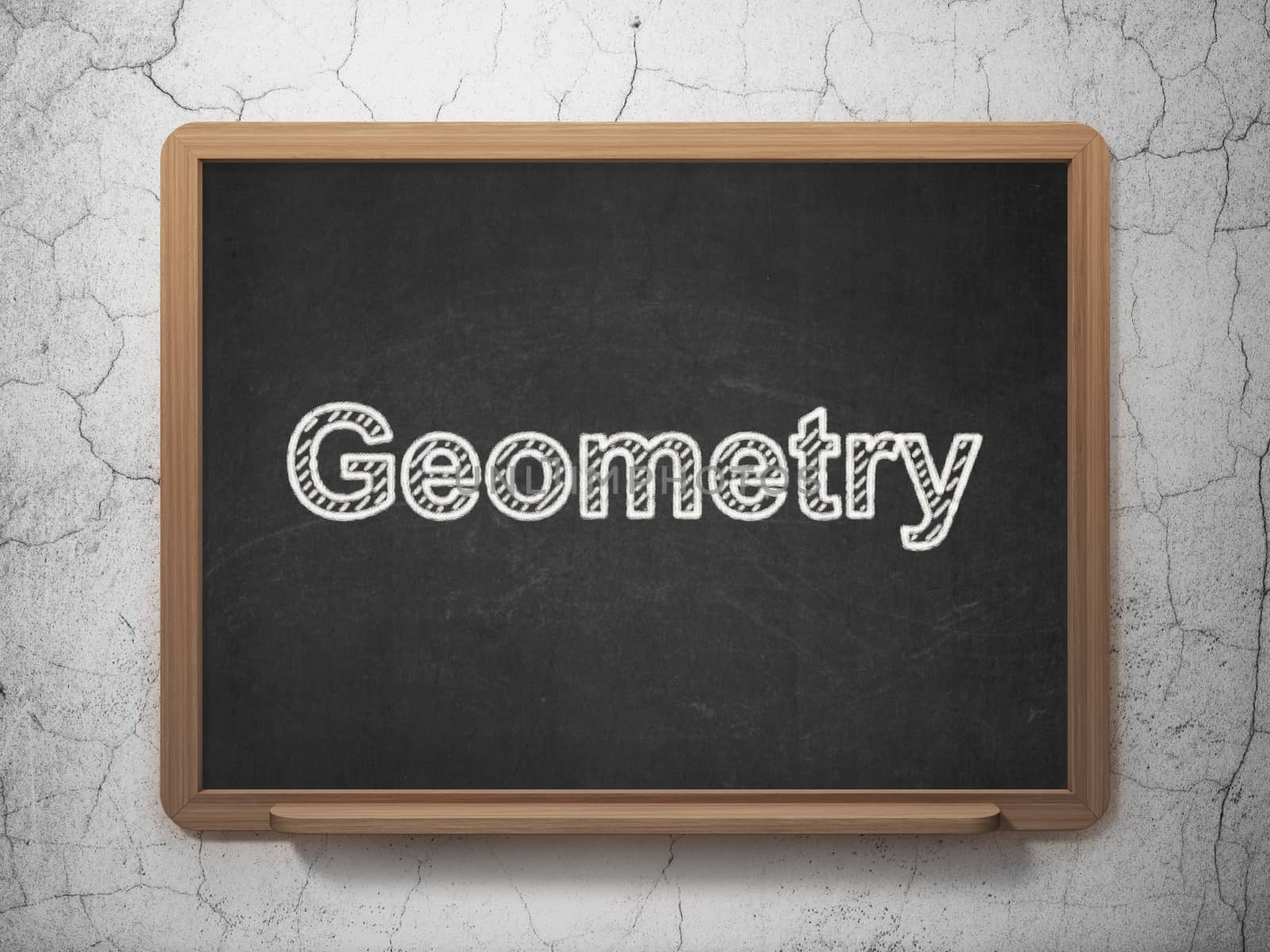 Studying concept: text Geometry on Black chalkboard on grunge wall background, 3D rendering