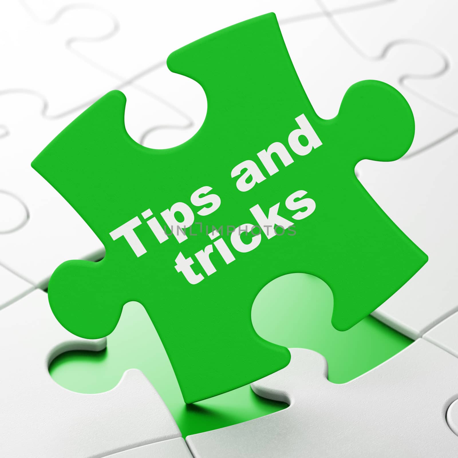 Education concept: Tips And Tricks on Green puzzle pieces background, 3D rendering